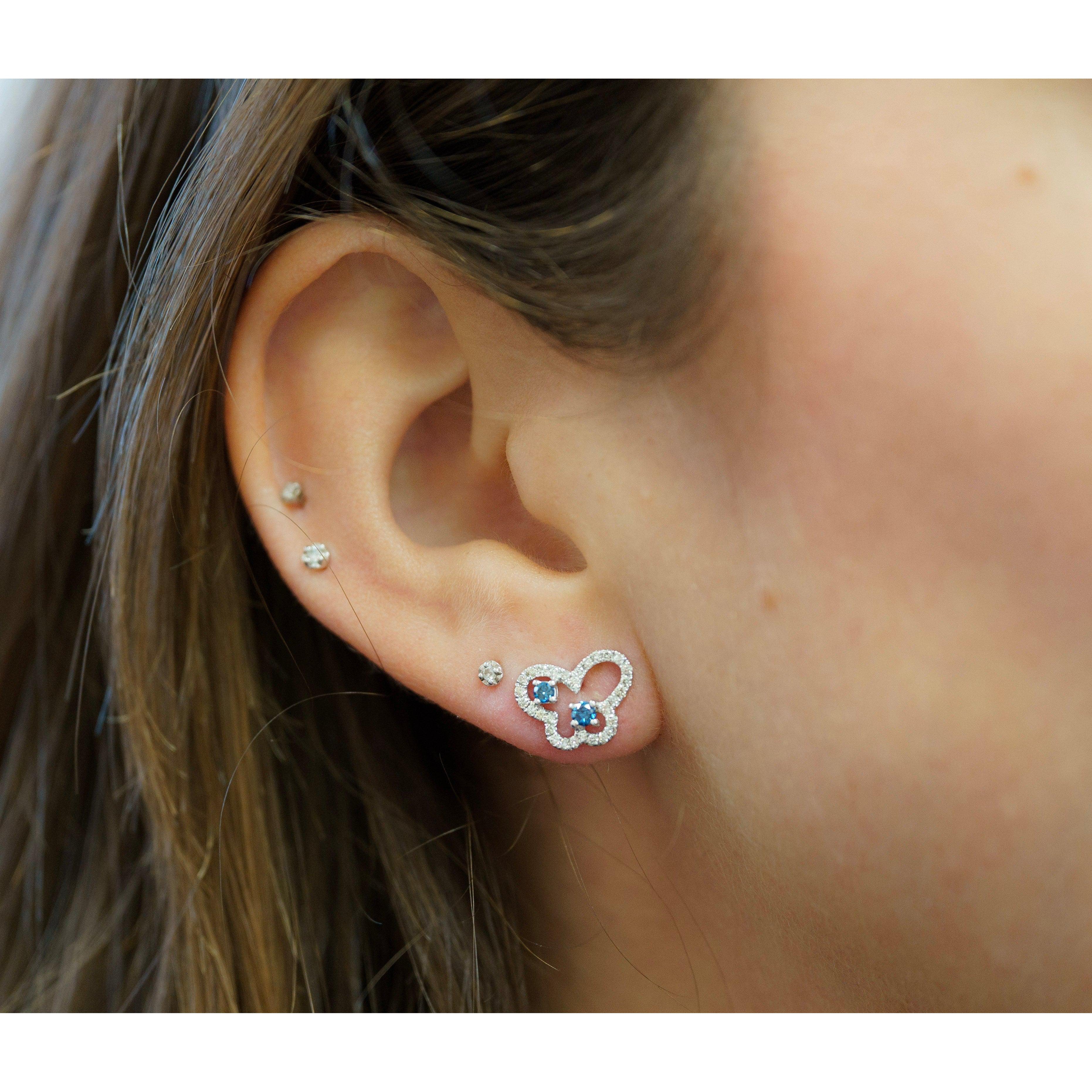 Round Cut Blue and White Diamond Butterfly Outline Stud Earrings - Image 2