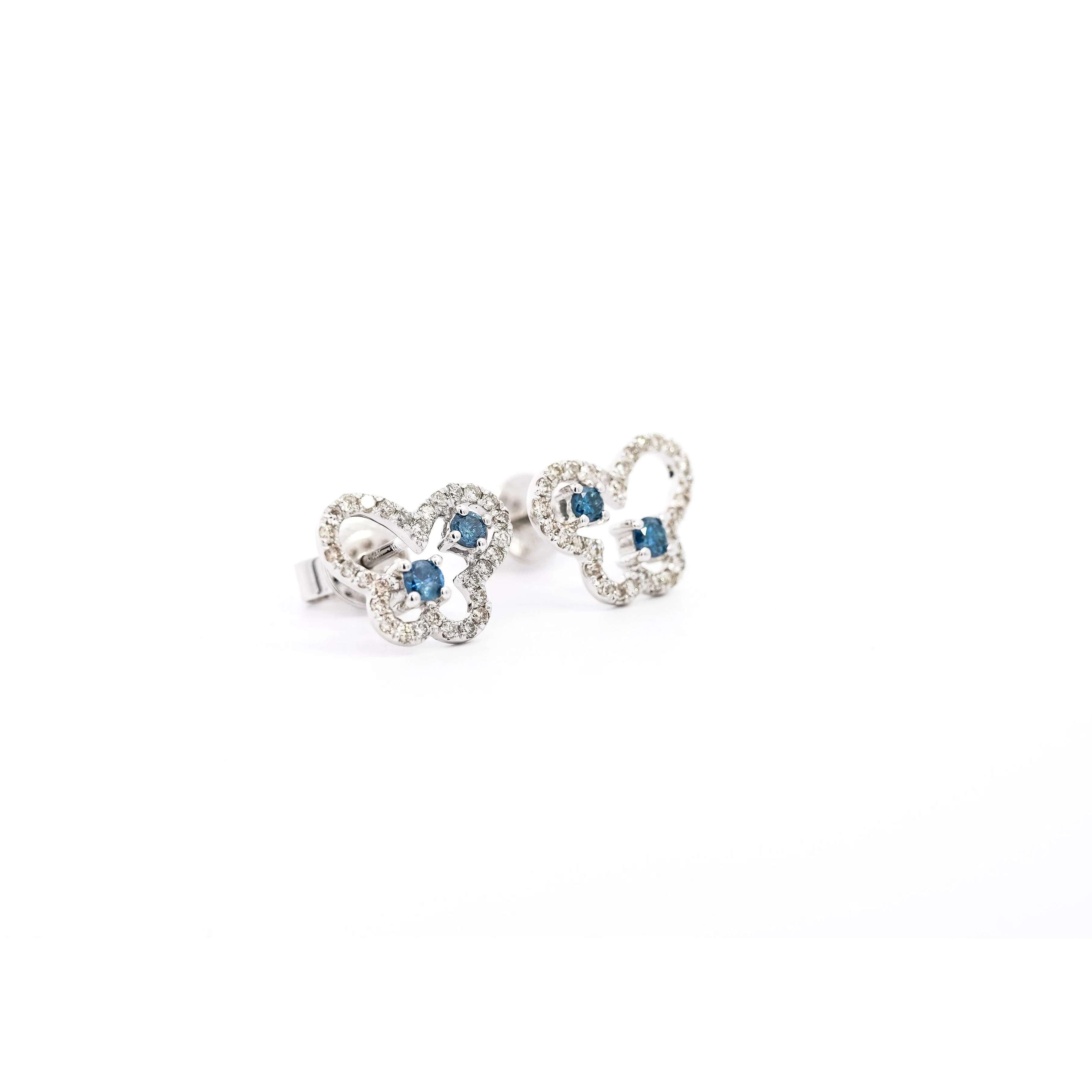 Round Cut Blue and White Diamond Butterfly Outline Stud Earrings - Image 6