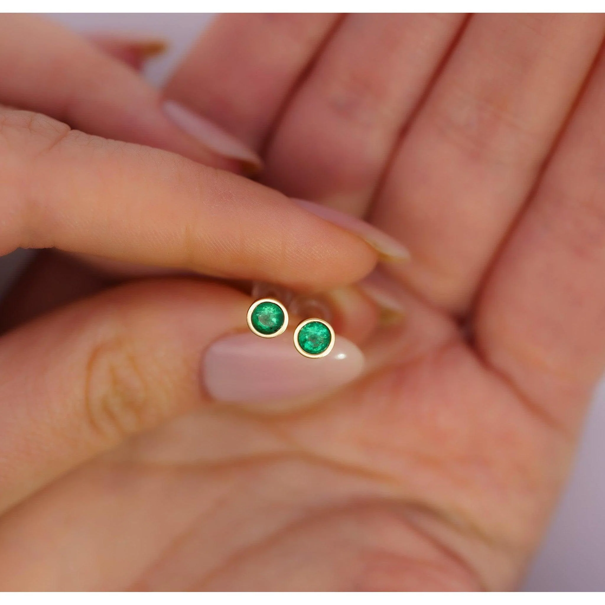 Natural 1/2 Carat Bezel Prong Emerald Stud Earrings 14K Gold - Image 7
