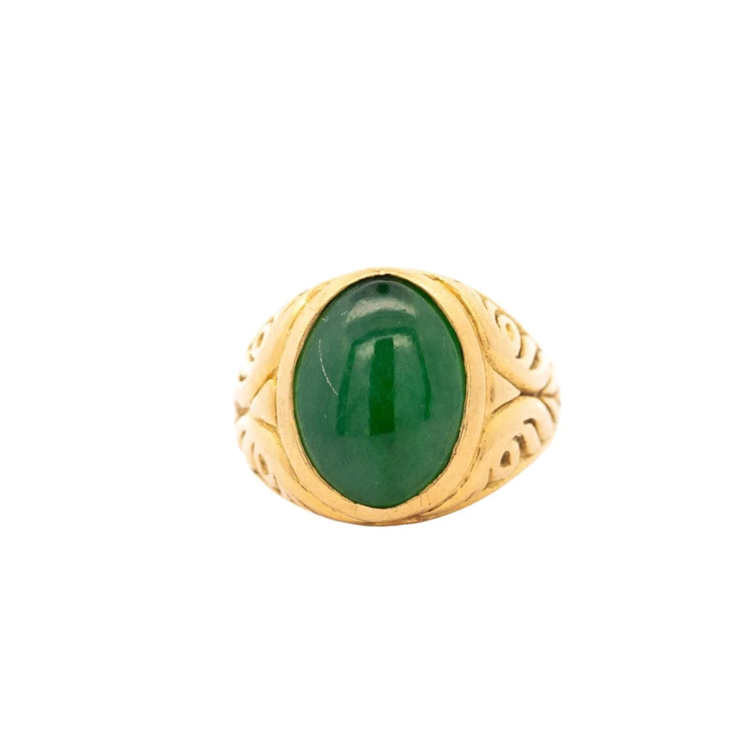 Grade A Jadeite Jade in 22K Carved Gold Solitaire Bezel Set Unisex Ring - Image 2