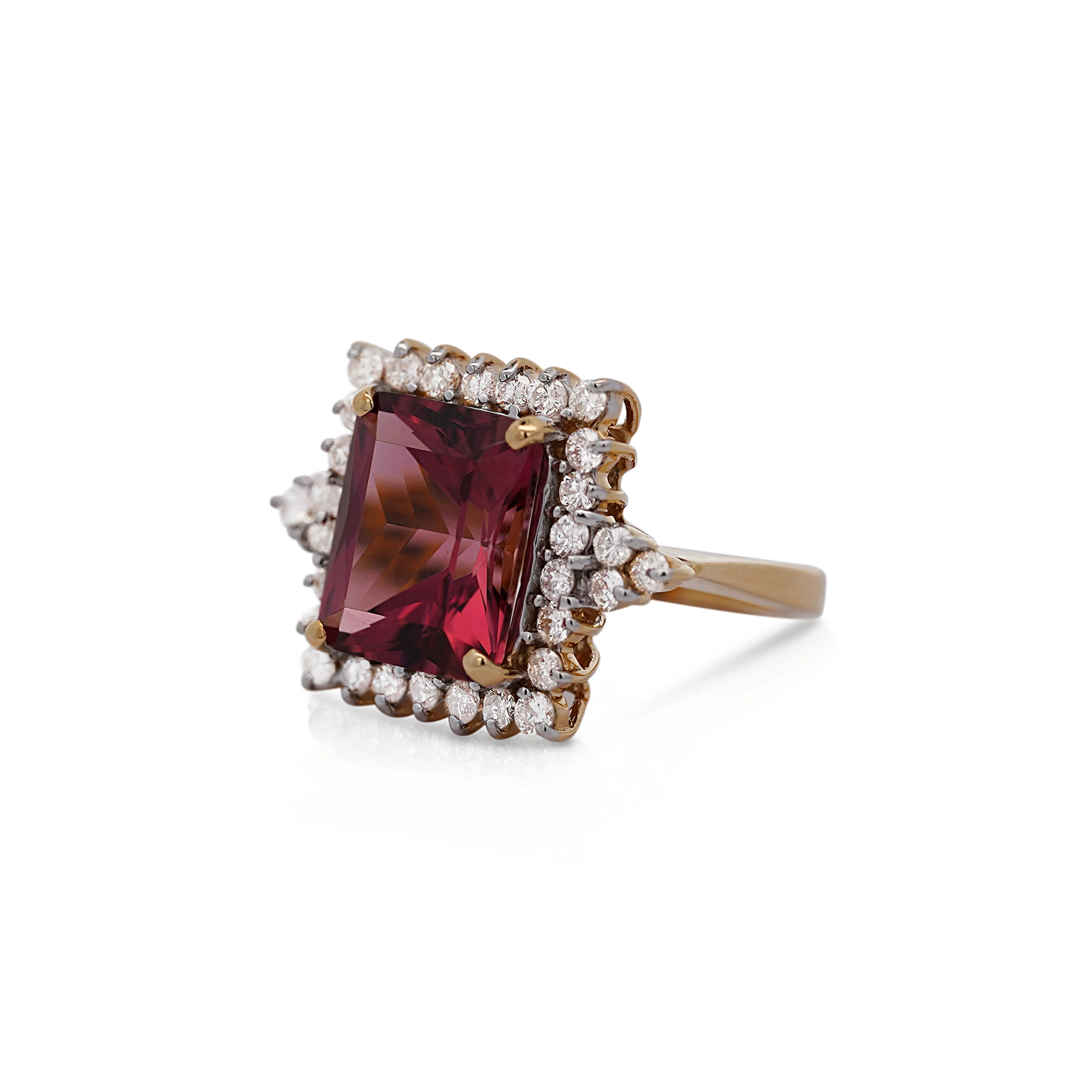 Vivid Pink 7 Carat Radiant Cut Tourmaline Ring with Round Diamond Halo in 18K Gold - Image 10