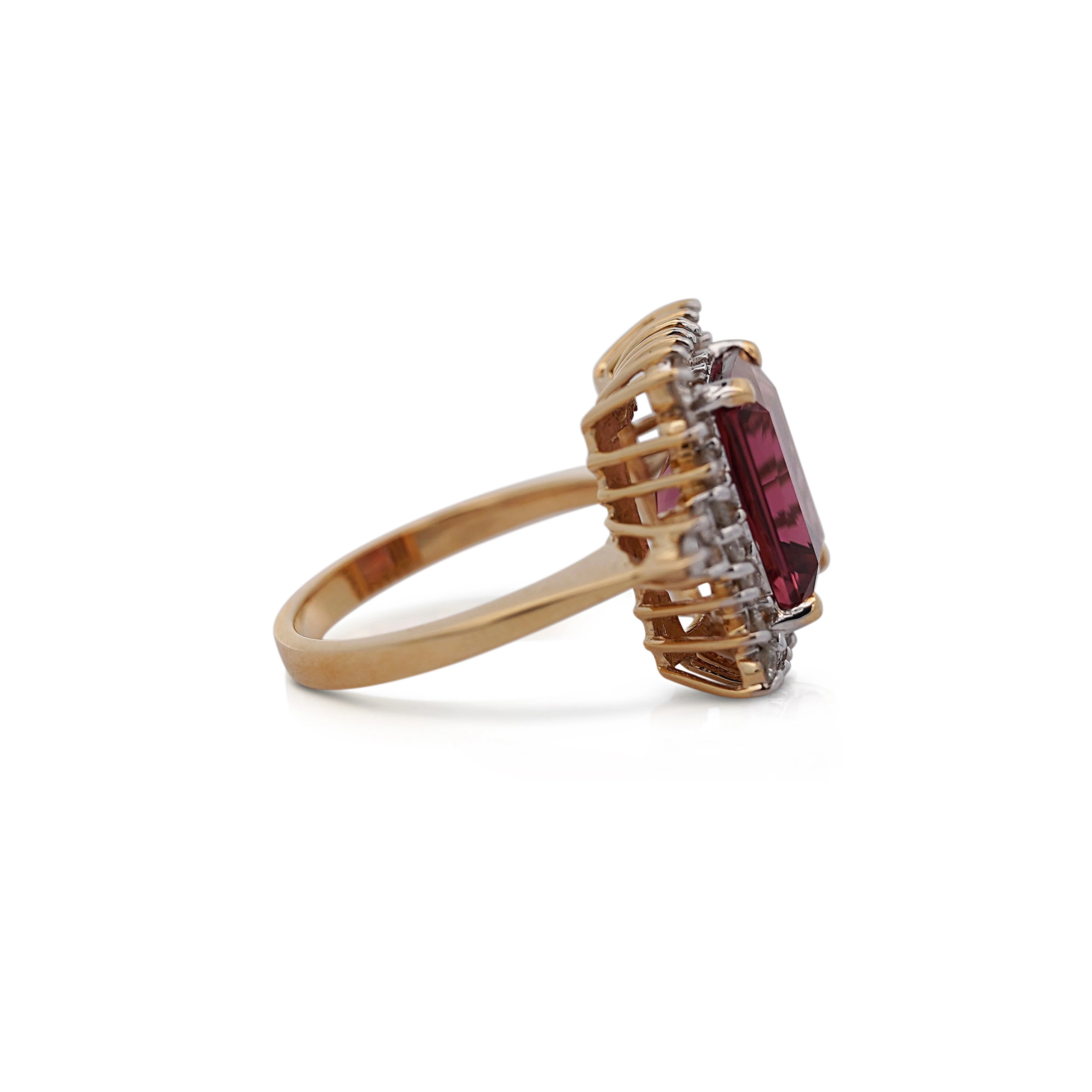Vivid Pink 7 Carat Radiant Cut Tourmaline Ring with Round Diamond Halo in 18K Gold - Image 11