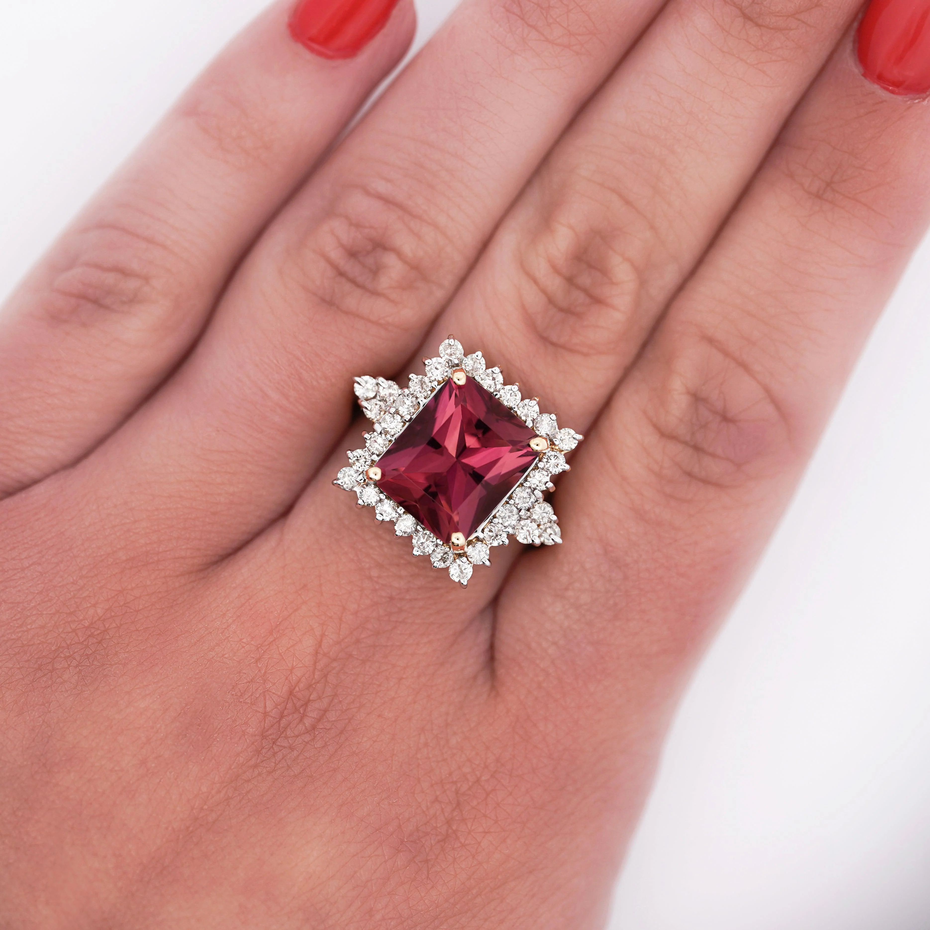 Vivid Pink 7 Carat Radiant Cut Tourmaline Ring with Round Diamond Halo in 18K Gold - Image 3