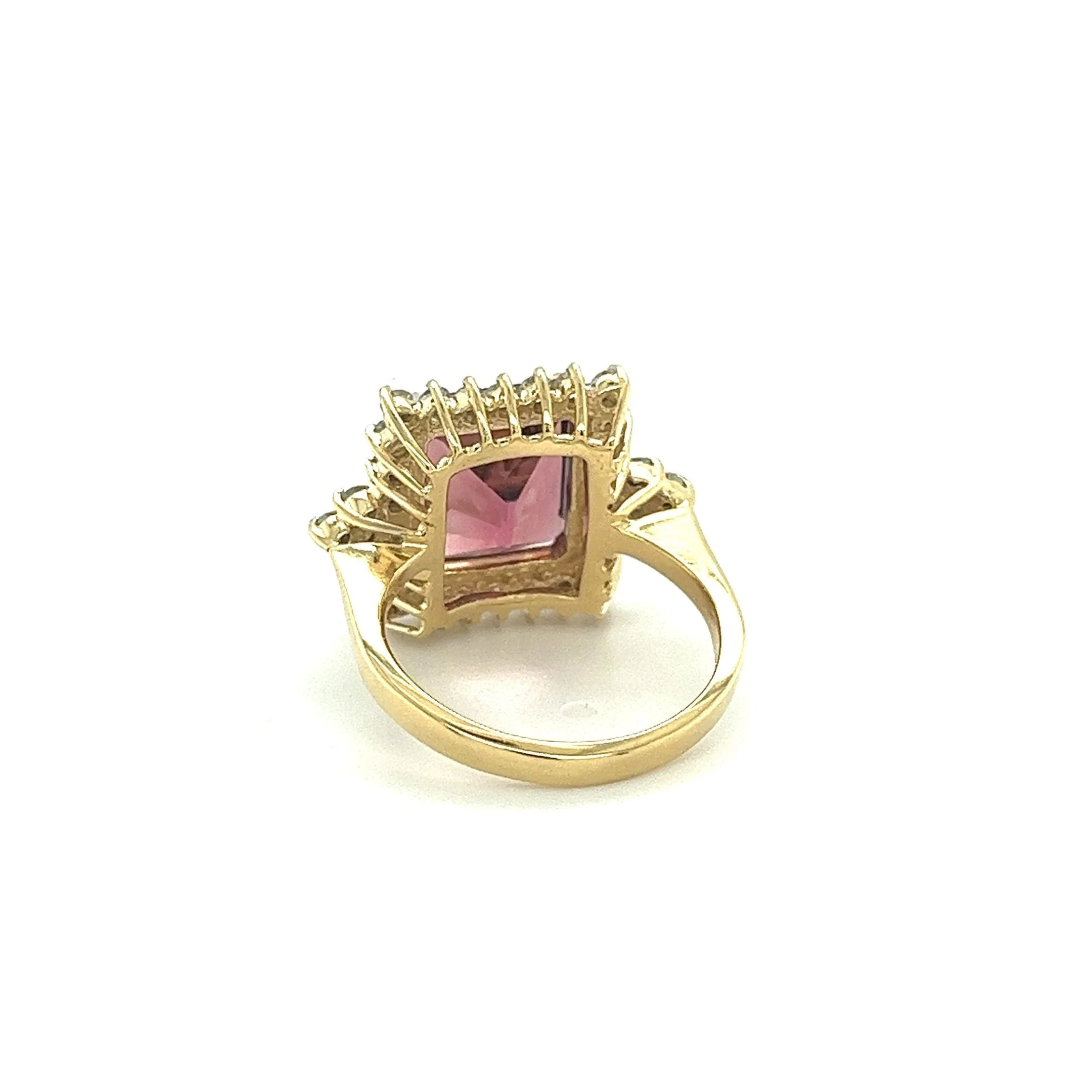 Vivid Pink 7 Carat Radiant Cut Tourmaline Ring with Round Diamond Halo in 18K Gold - Image 4