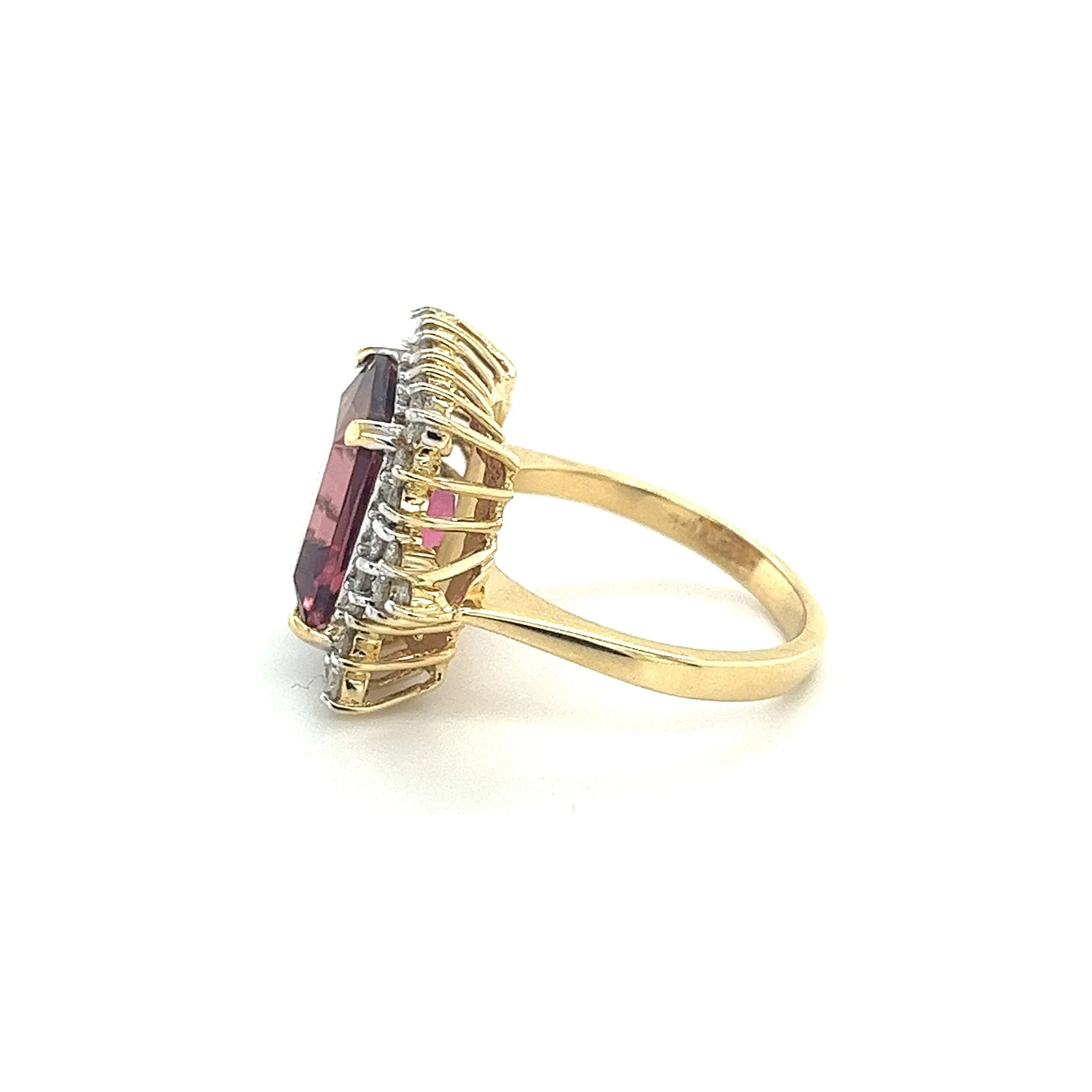 Vivid Pink 7 Carat Radiant Cut Tourmaline Ring with Round Diamond Halo in 18K Gold - Image 5