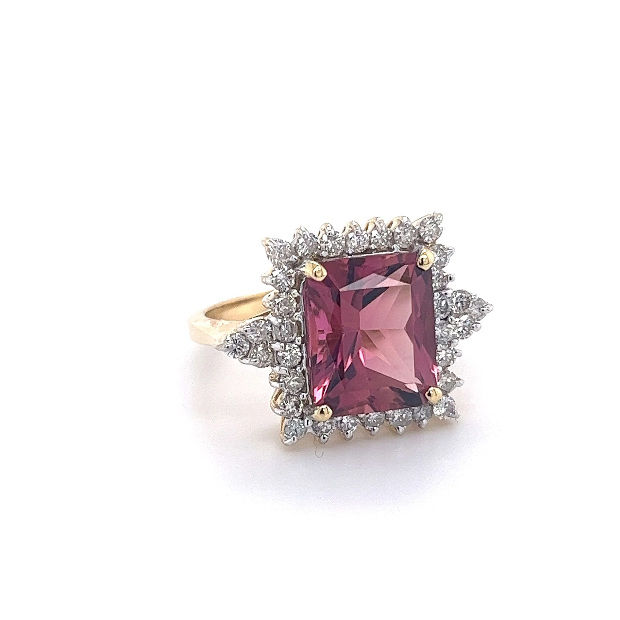 Vivid Pink 7 Carat Radiant Cut Tourmaline Ring with Round Diamond Halo in 18K Gold - Image 6