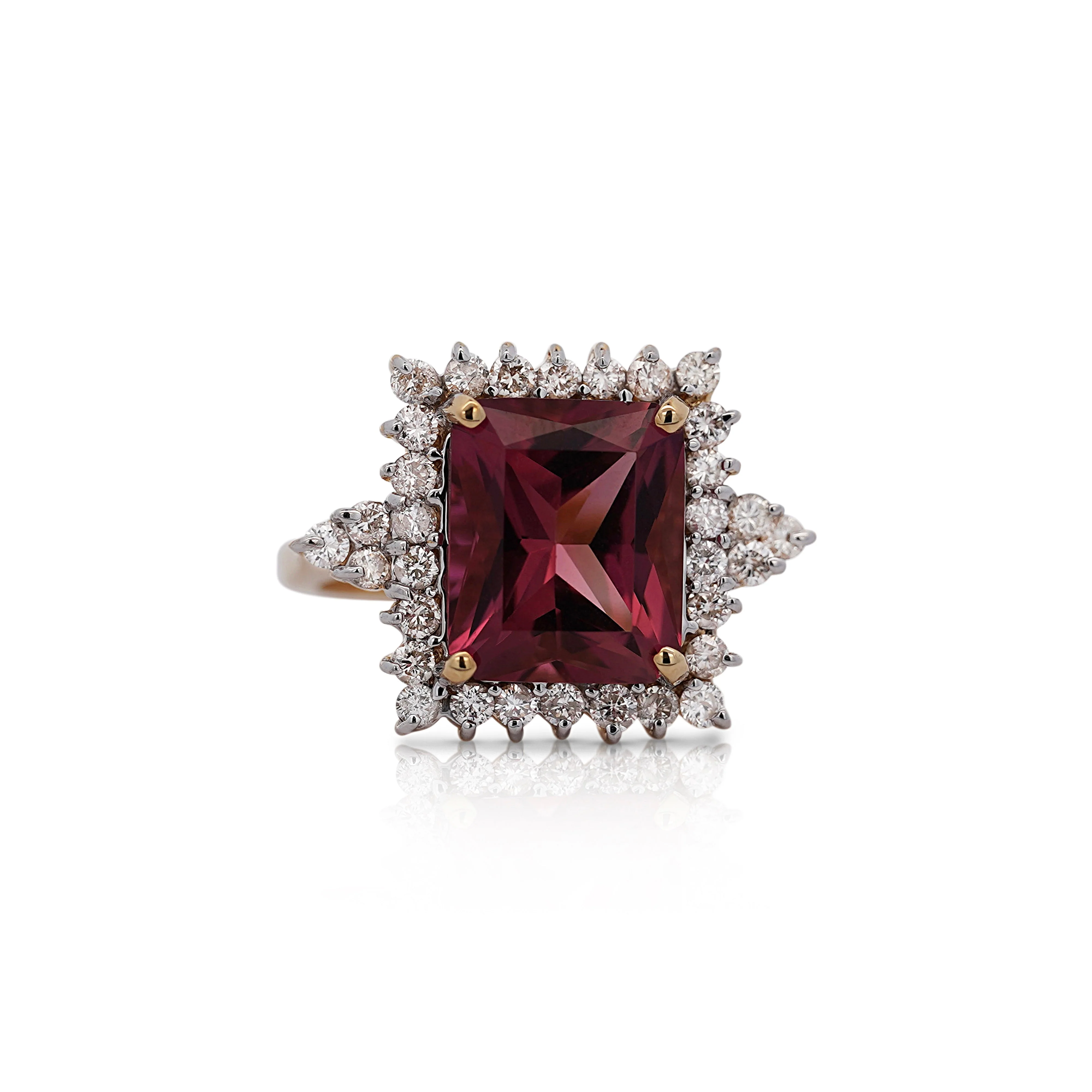 Vivid Pink 7 Carat Radiant Cut Tourmaline Ring with Round Diamond Halo in 18K Gold - Image 9
