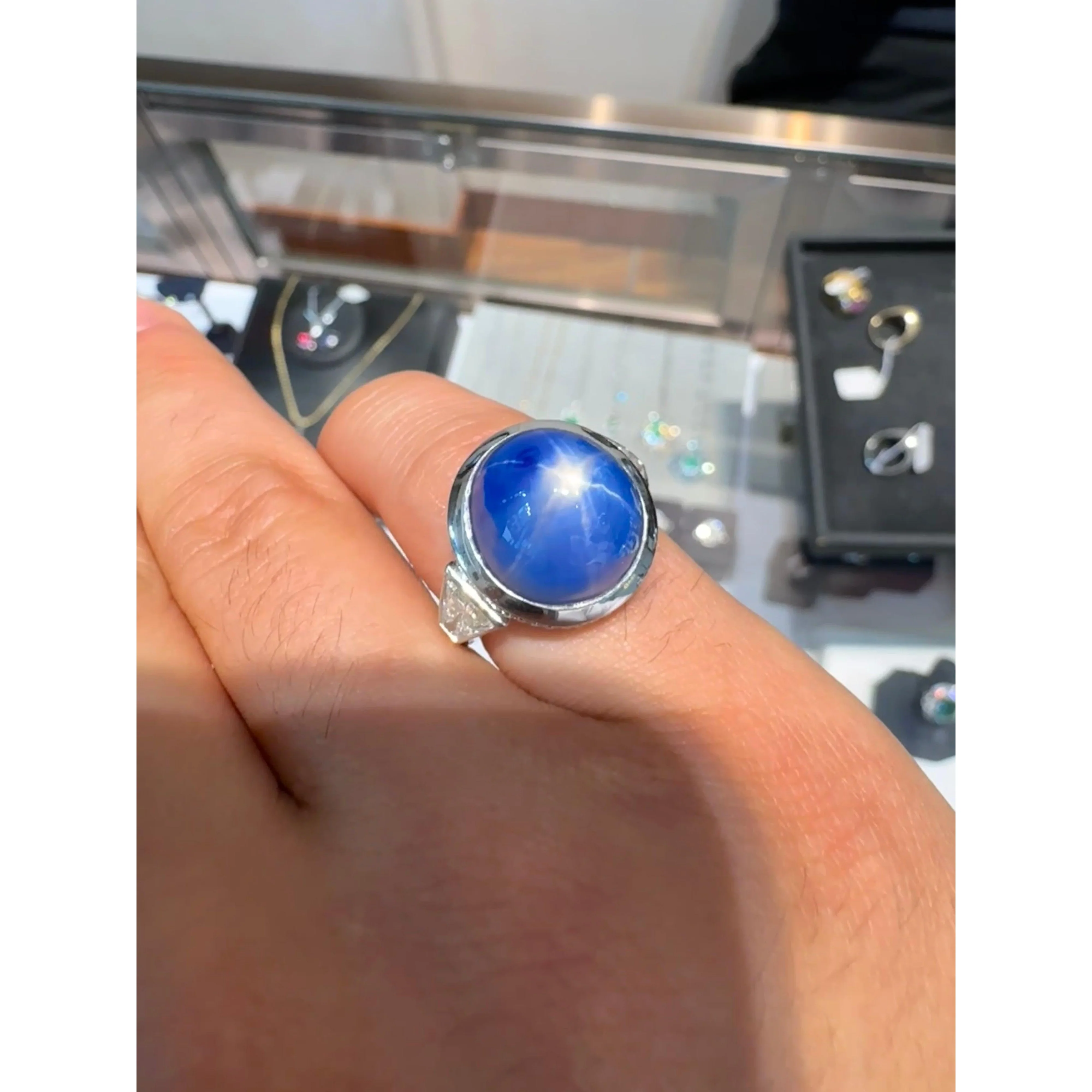 25 Carat GRS Certified No Heat Cabochon Cut Blue Star Sapphire Ring With Trapezoid Cut Diamonds - Image 10