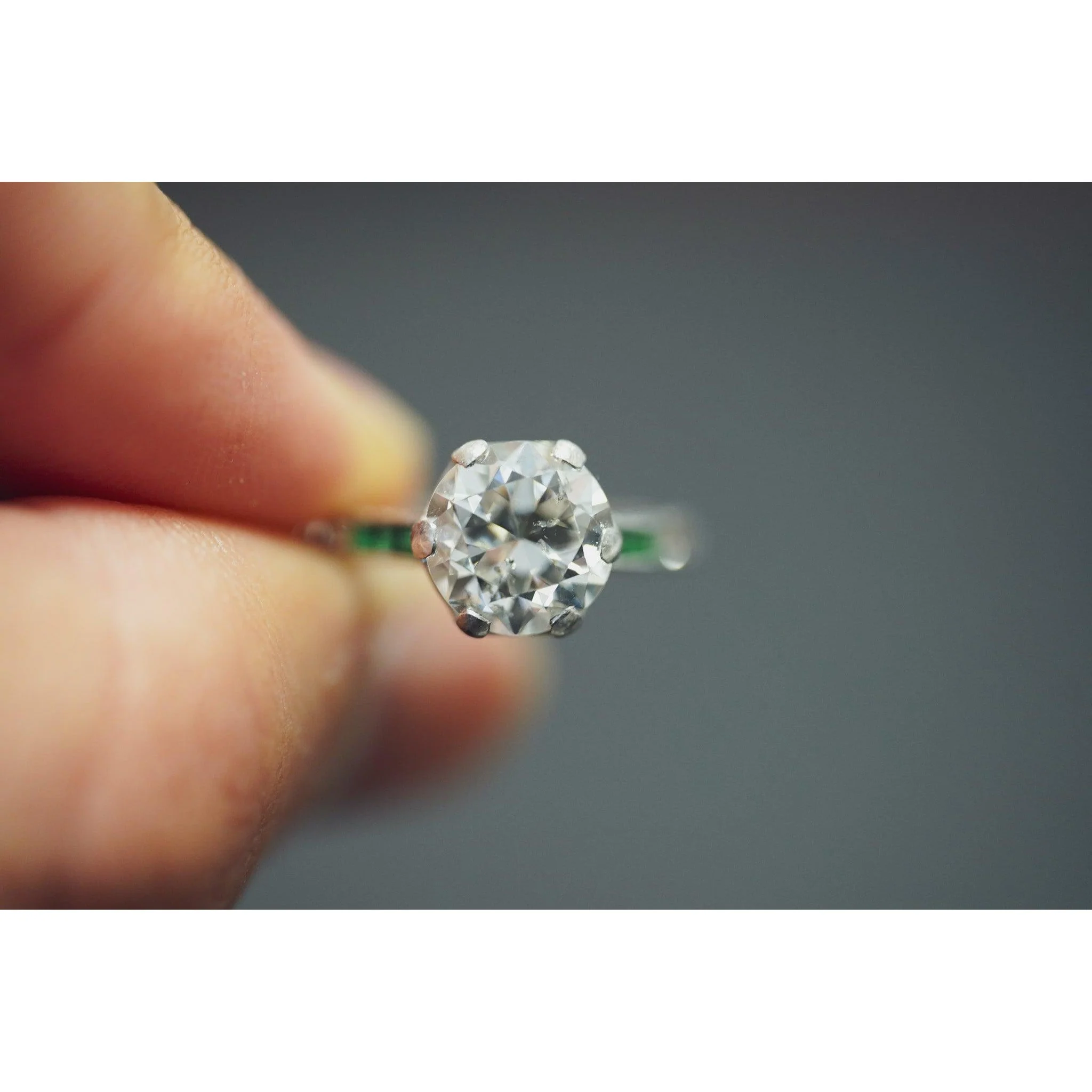 Art Deco 2.5 Carat Old Euro Cut Diamond & Emerald Engagement Ring in Platinum - Image 8