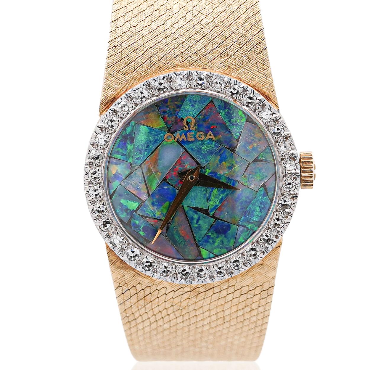 Omega 23mm Fire Black Opal Dial & Diamond Bezel 14K Gold Vintage Watch - Image 3