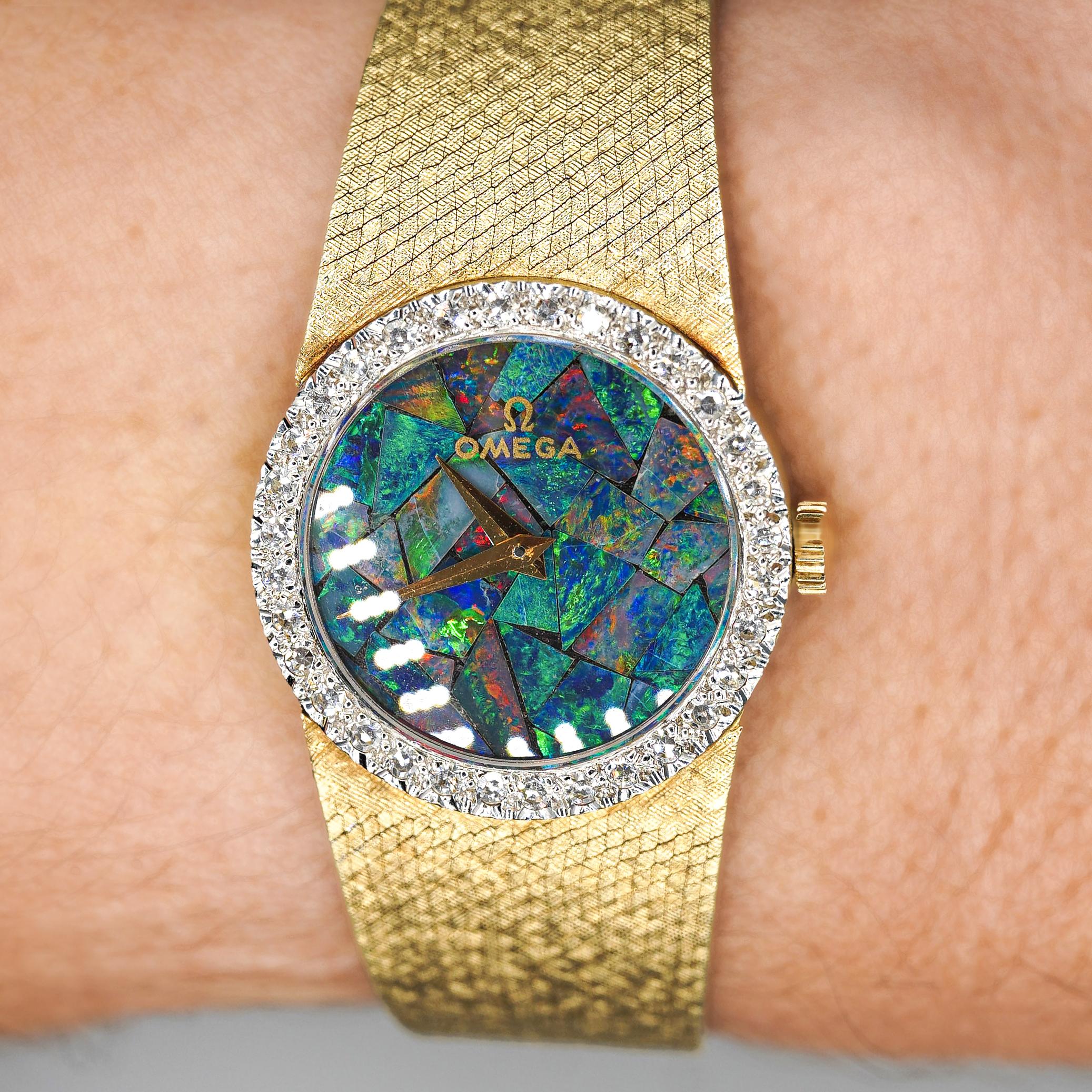 Omega 23mm Fire Black Opal Dial & Diamond Bezel 14K Gold Vintage Watch - Image 4