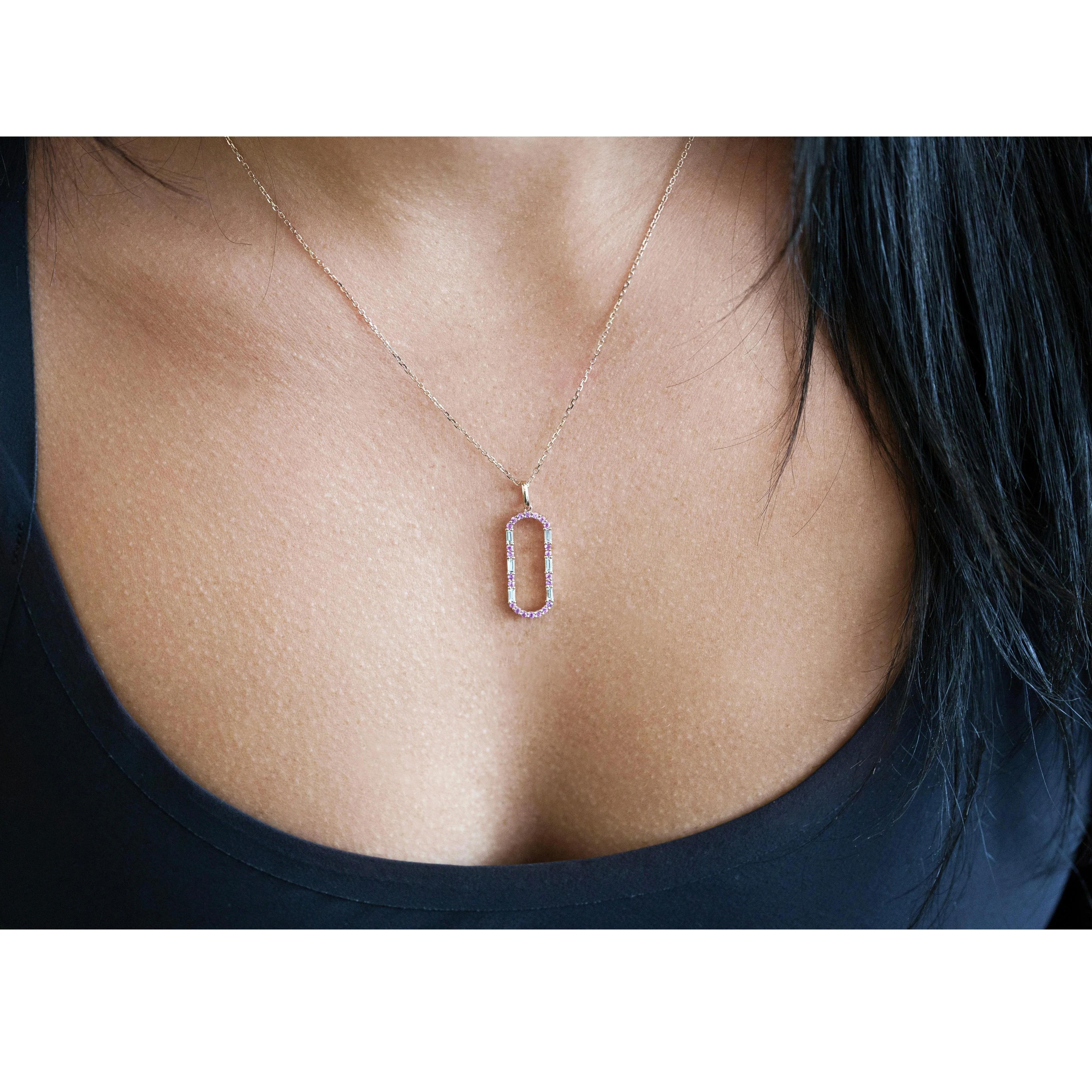 Open Oval 14K Rose Gold Diamond and Sapphire Pendant Necklace - Image 5