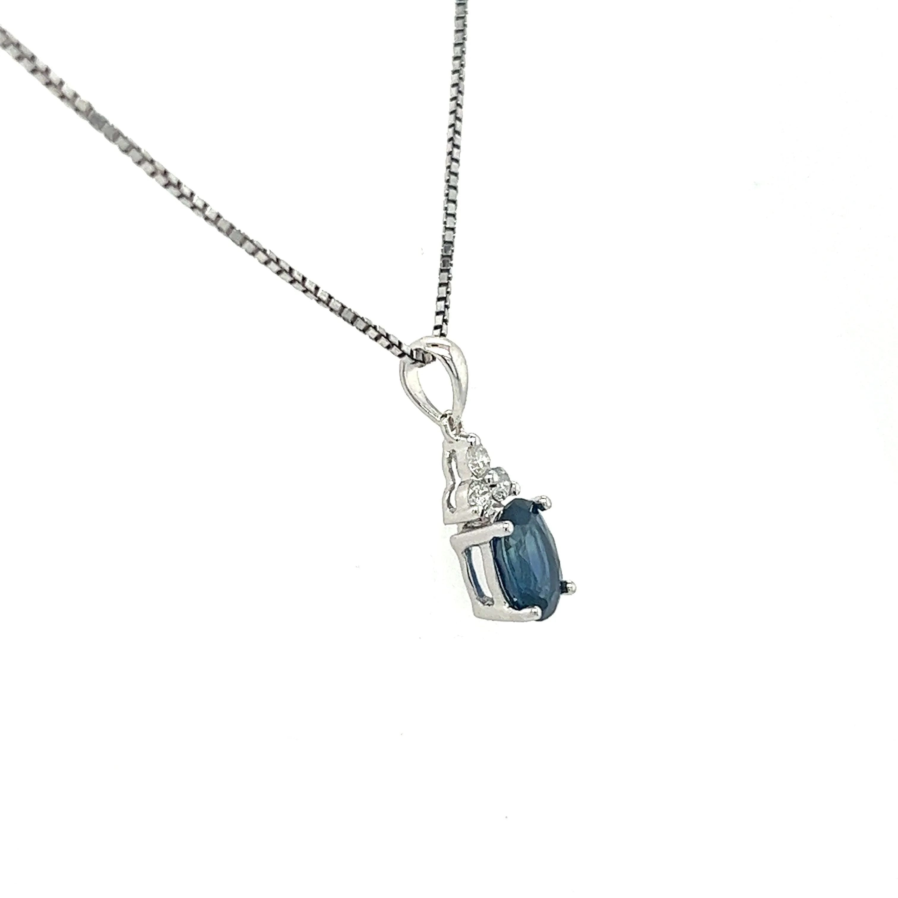 18K White Gold Oval Blue Sapphire & Diamond 3 Stone Drop Pendant Necklace - Image 3