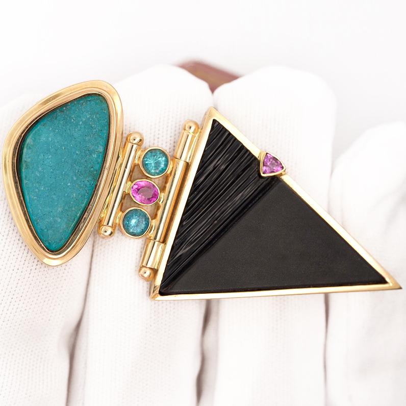Paraiba Tourmaline and Onyx in 14K Retro Drop Pendant Necklace - Image 2