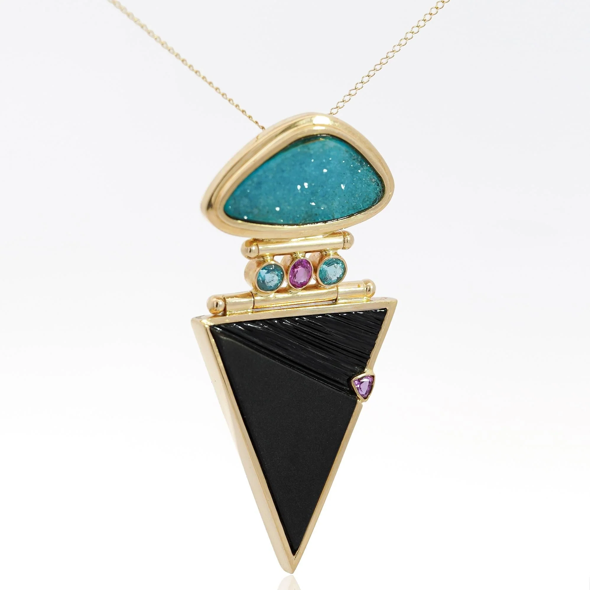 Paraiba Tourmaline and Onyx in 14K Retro Drop Pendant Necklace - Image 3