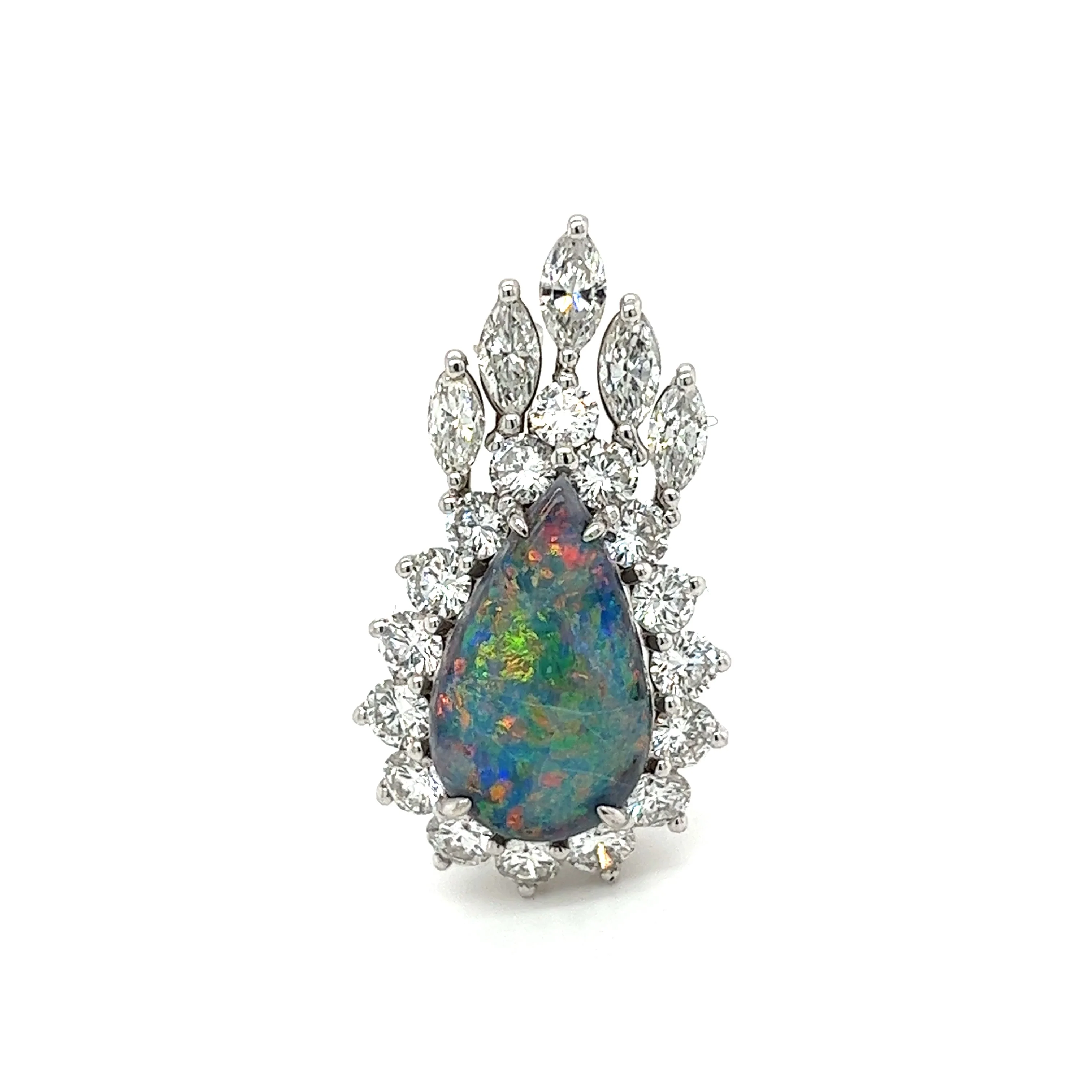 Drop Shaped Black Opal with Marquise & Round Diamond Halo Pendant Or Brooch in 14K White Gold - Image 7