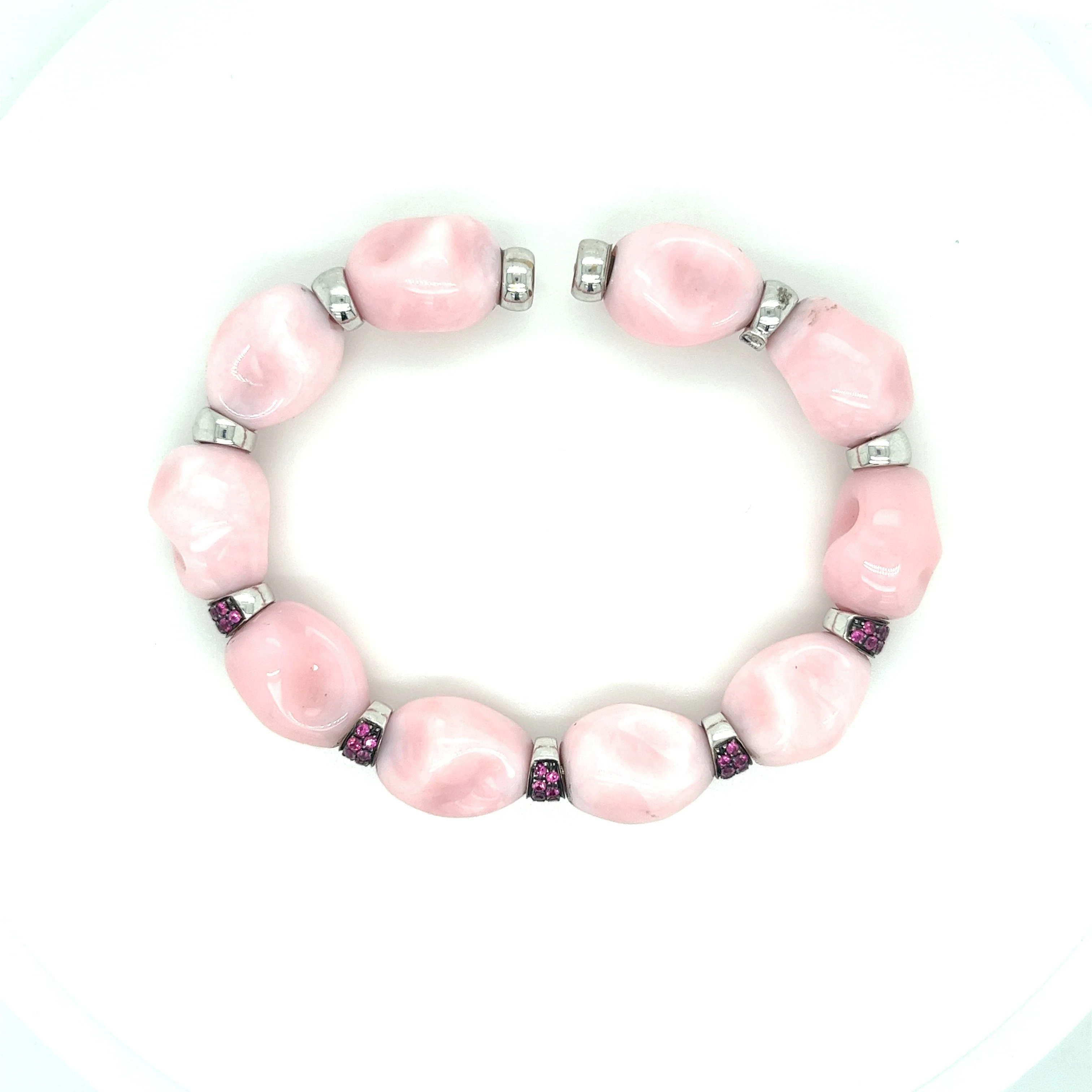 18K White Gold Raw Unformed Pink Agate and Round Cut Ruby Cuff Bangle Bracelet - Image 2