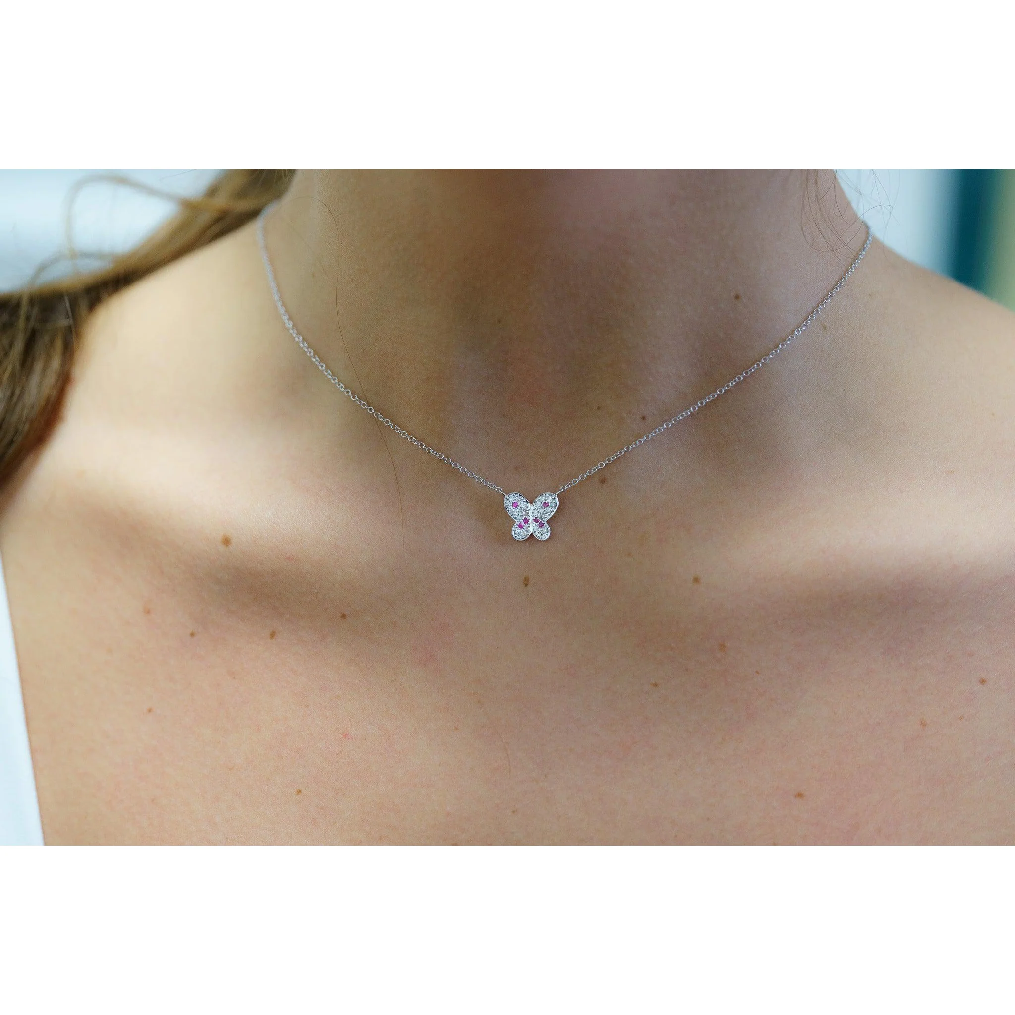 Pink Sapphire and Diamond Butterfly 14K White Gold Floating Pendant Necklace - Image 7