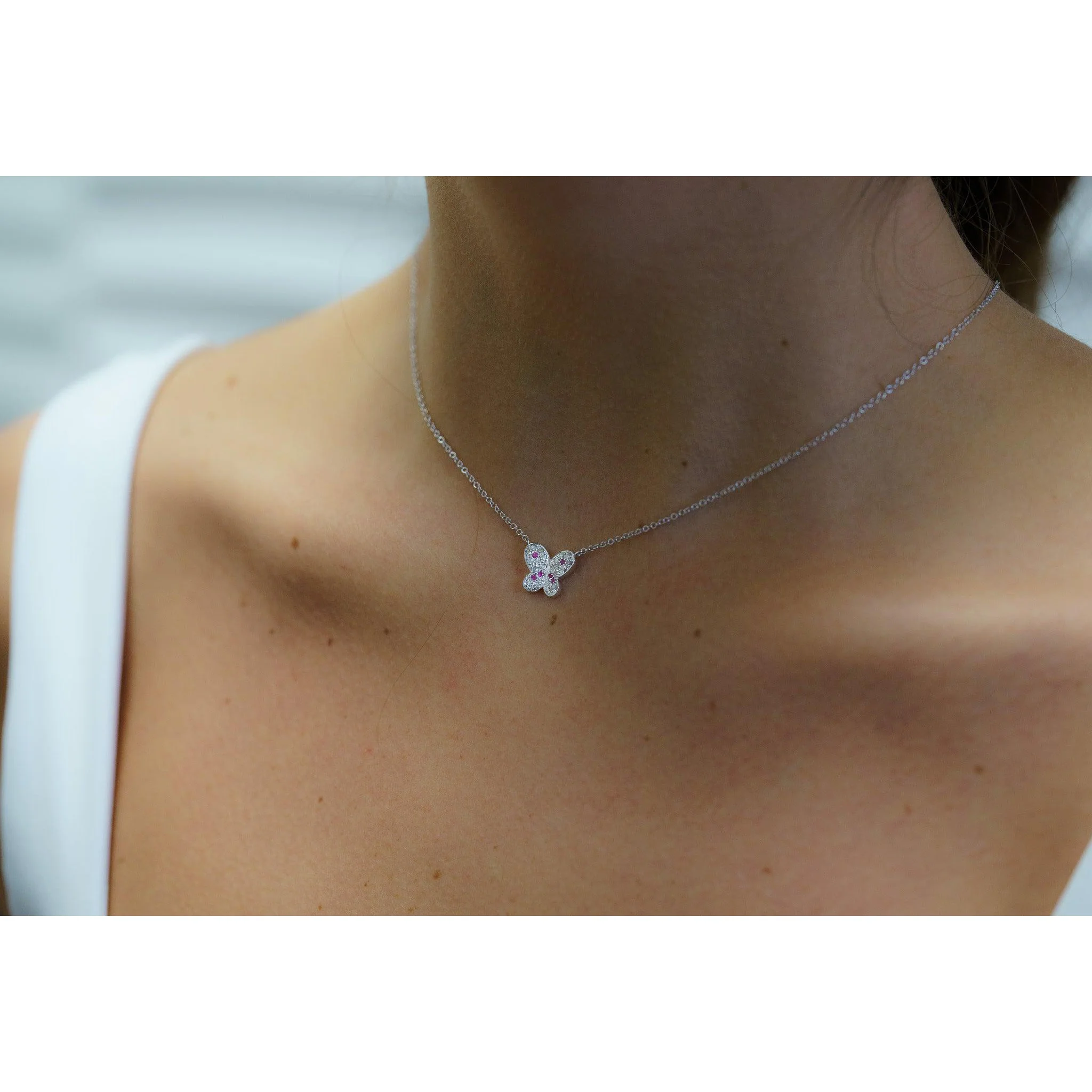 Pink Sapphire and Diamond Butterfly 14K White Gold Floating Pendant Necklace - Image 9