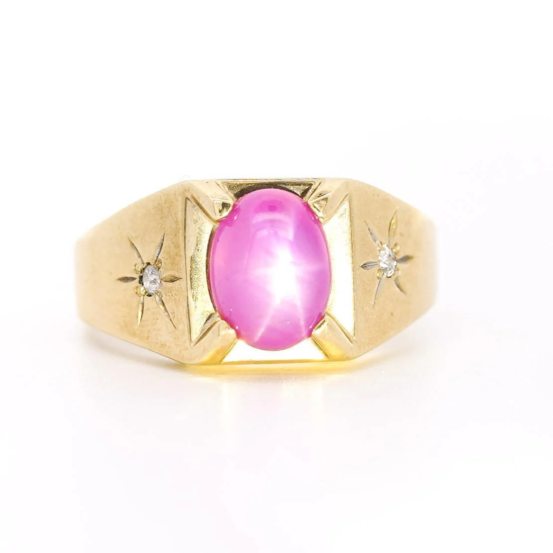Pink Star Sapphire & Diamond 14K Gold Unisex Statement Ring - Image 3