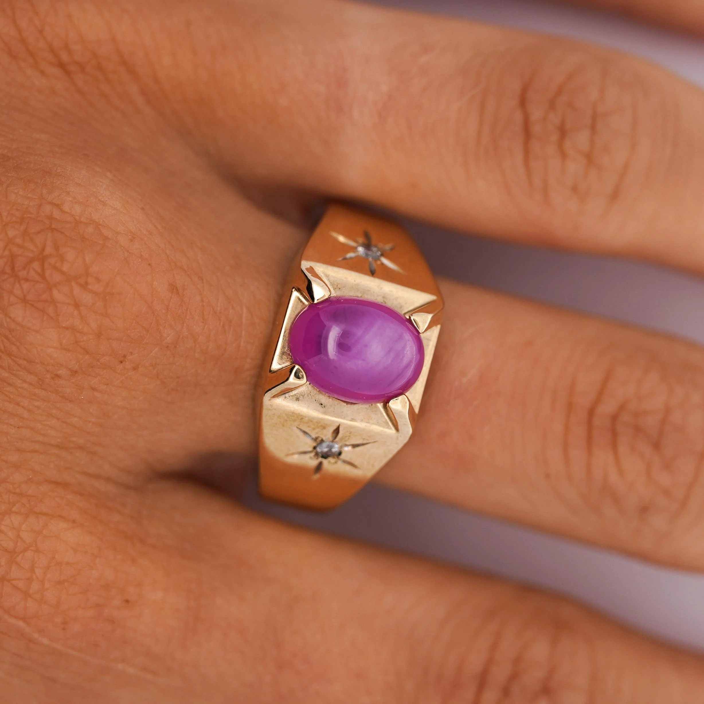 Pink Star Sapphire & Diamond 14K Gold Unisex Statement Ring - Image 7