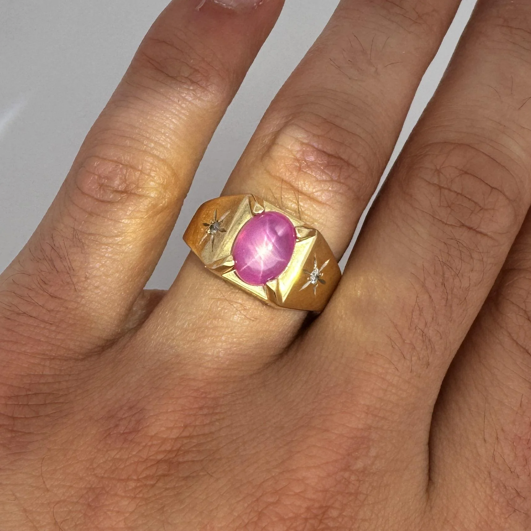 Pink Star Sapphire & Diamond 14K Gold Unisex Statement Ring - Image 8