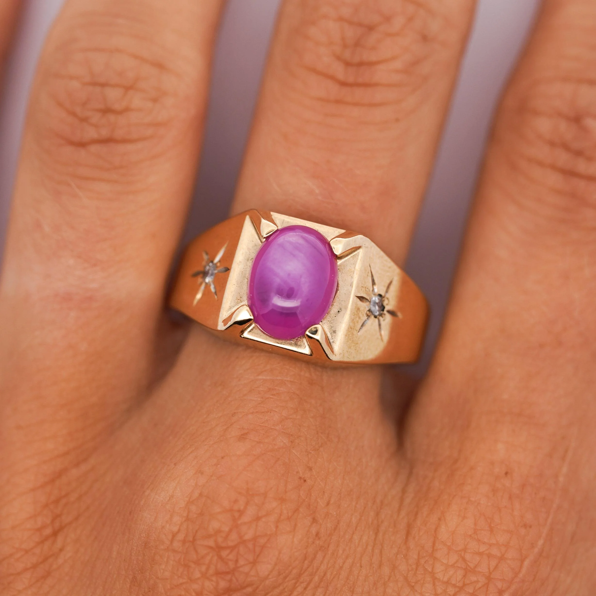 Pink Star Sapphire & Diamond 14K Gold Unisex Statement Ring - Image 9
