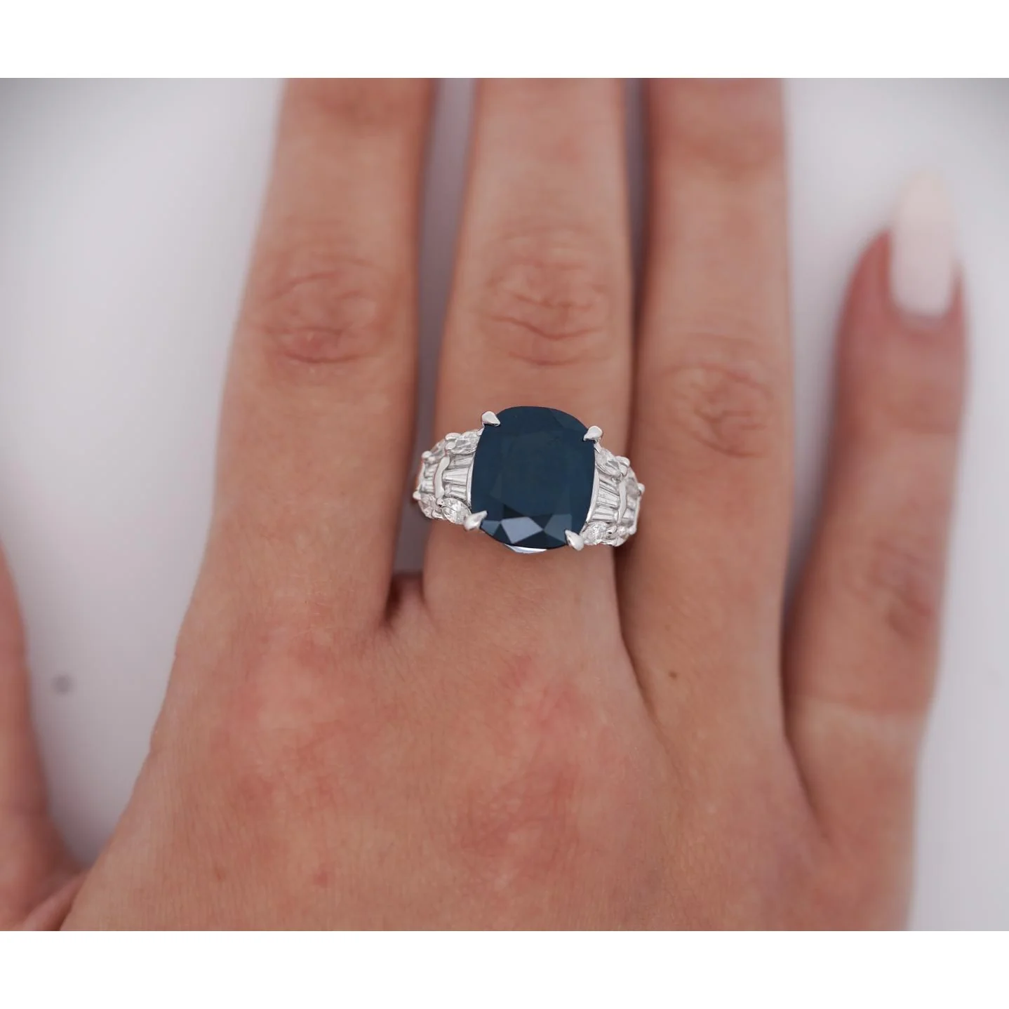 Platinum 7.52 Carat Cushion Cut Blue Sapphire and Diamond Engagement Ring - Image 4