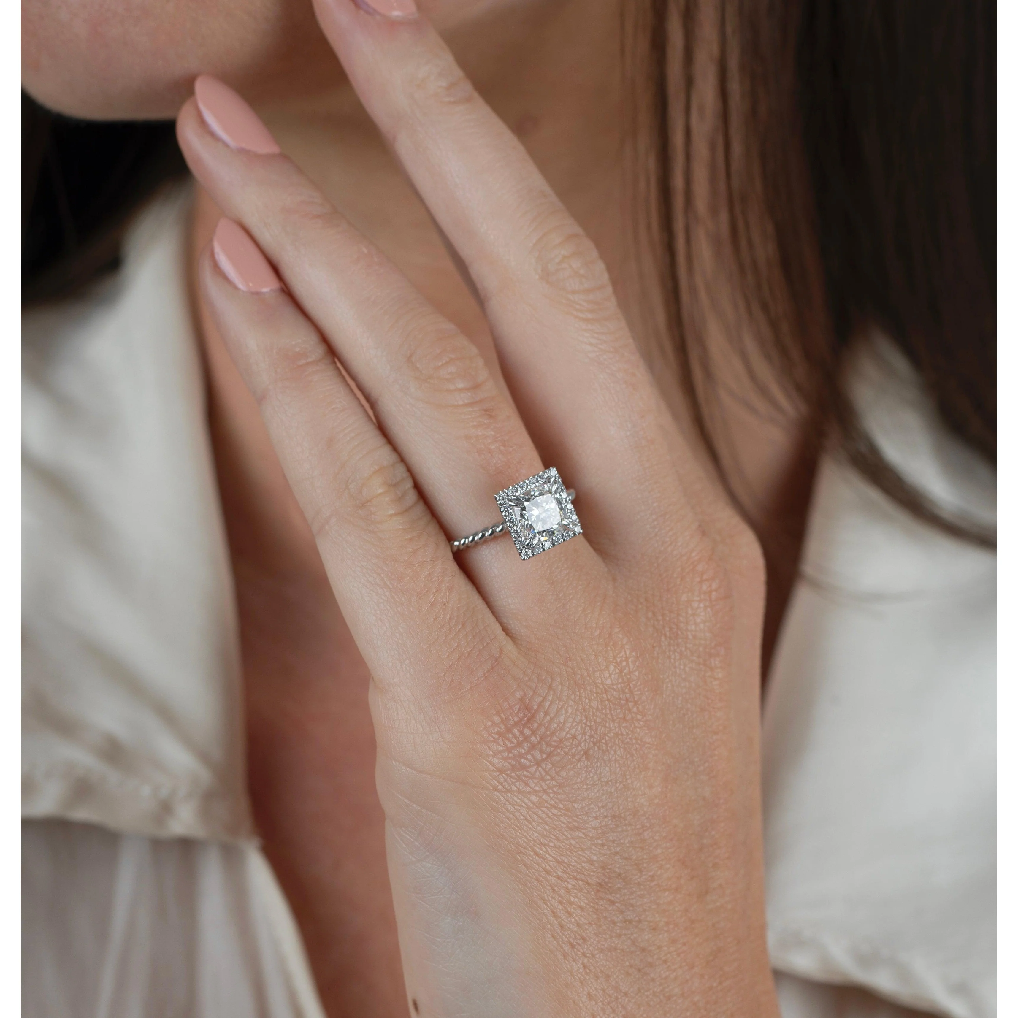 1.50 Carat Princess Cut Lab Grown Diamond Engagement Ring in 18K Rope Style Shank and Diamond Halo - Image 4