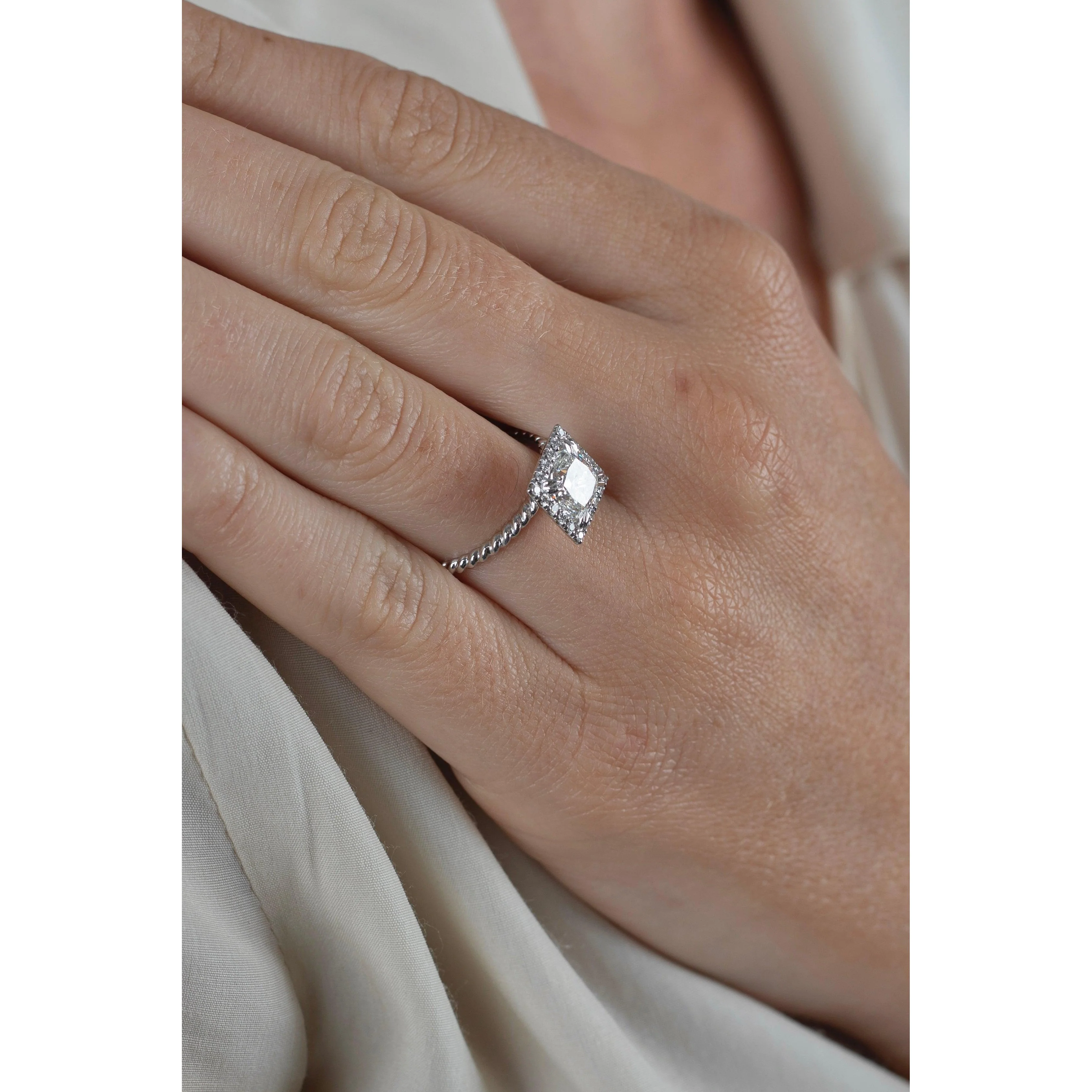 1.50 Carat Princess Cut Lab Grown Diamond Engagement Ring in 18K Rope Style Shank and Diamond Halo - Image 5