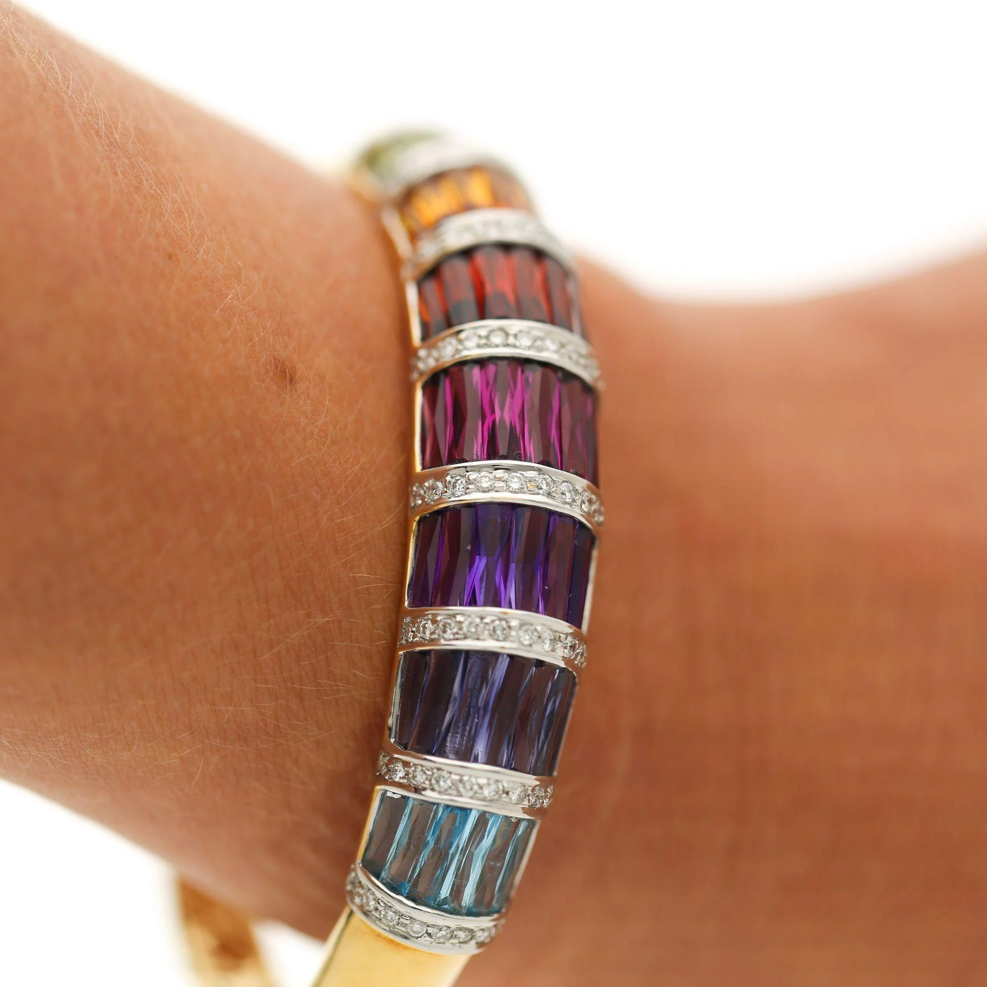 Rainbow Multi-Color Gemstone Baguette 18K Gold Band Bangle Bracelet - Image 2