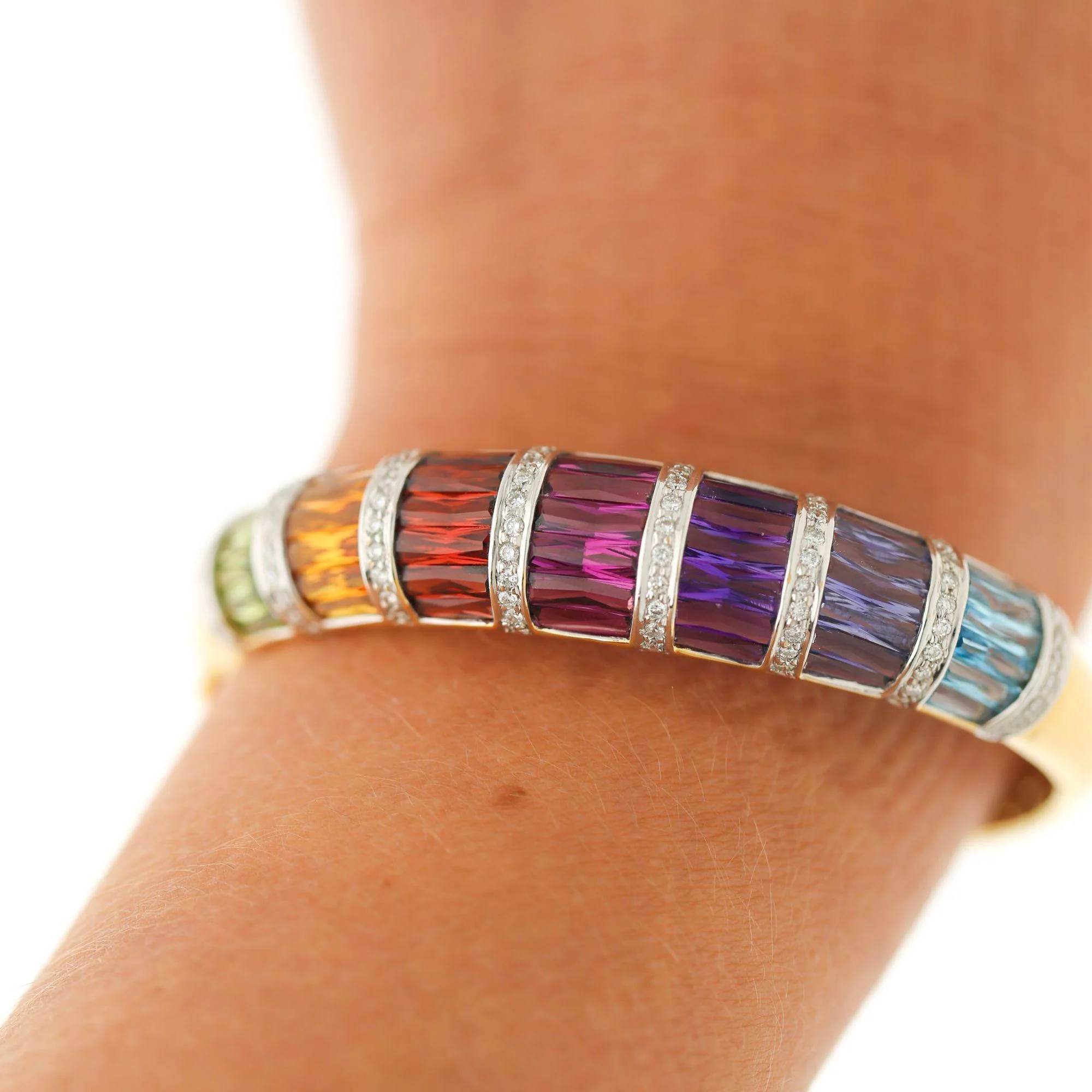 Rainbow Multi-Color Gemstone Baguette 18K Gold Band Bangle Bracelet - Image 8