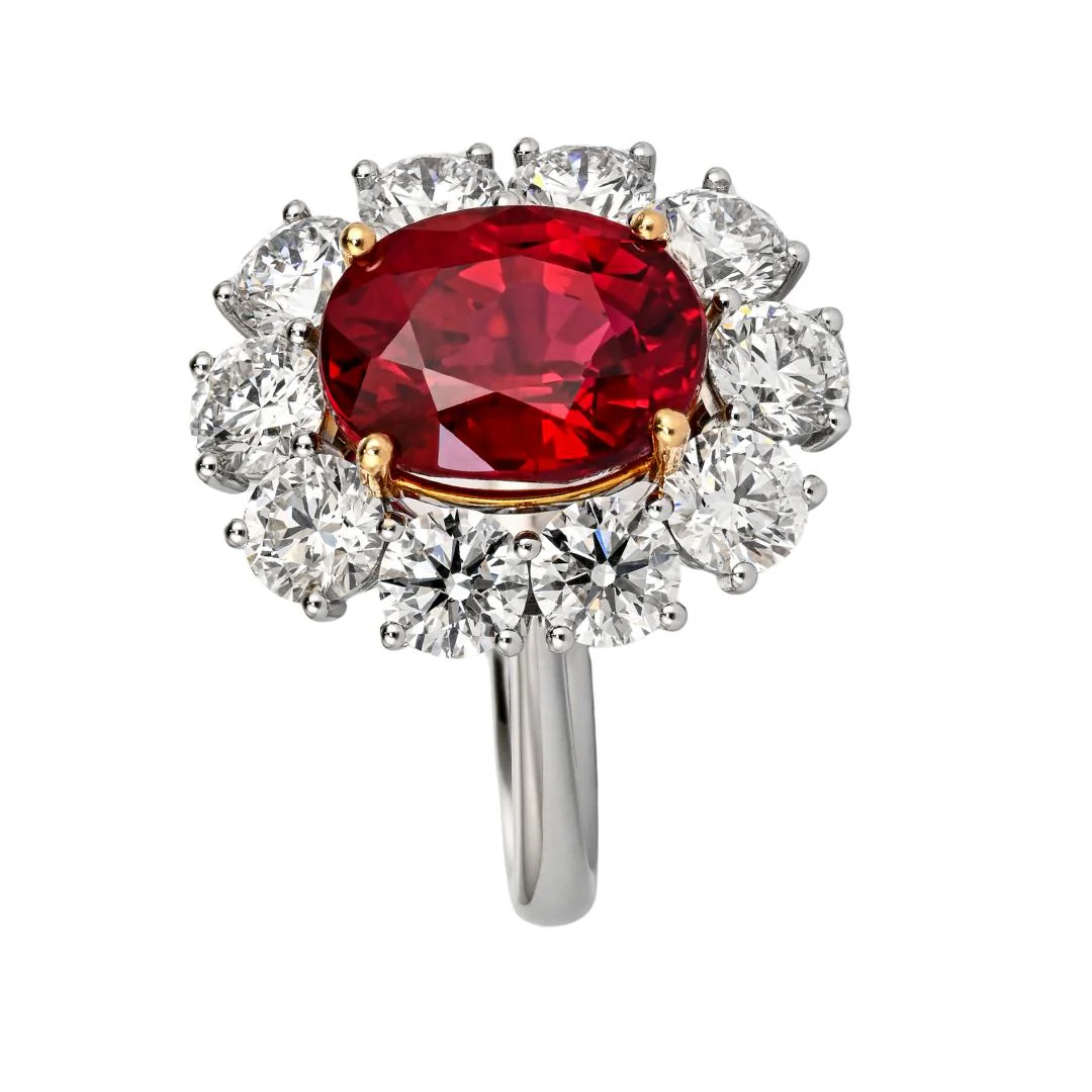 Rare Vivid Red 5.81 Carat Oval Cut Siam Ruby & Diamond Halo Ring - Image 6