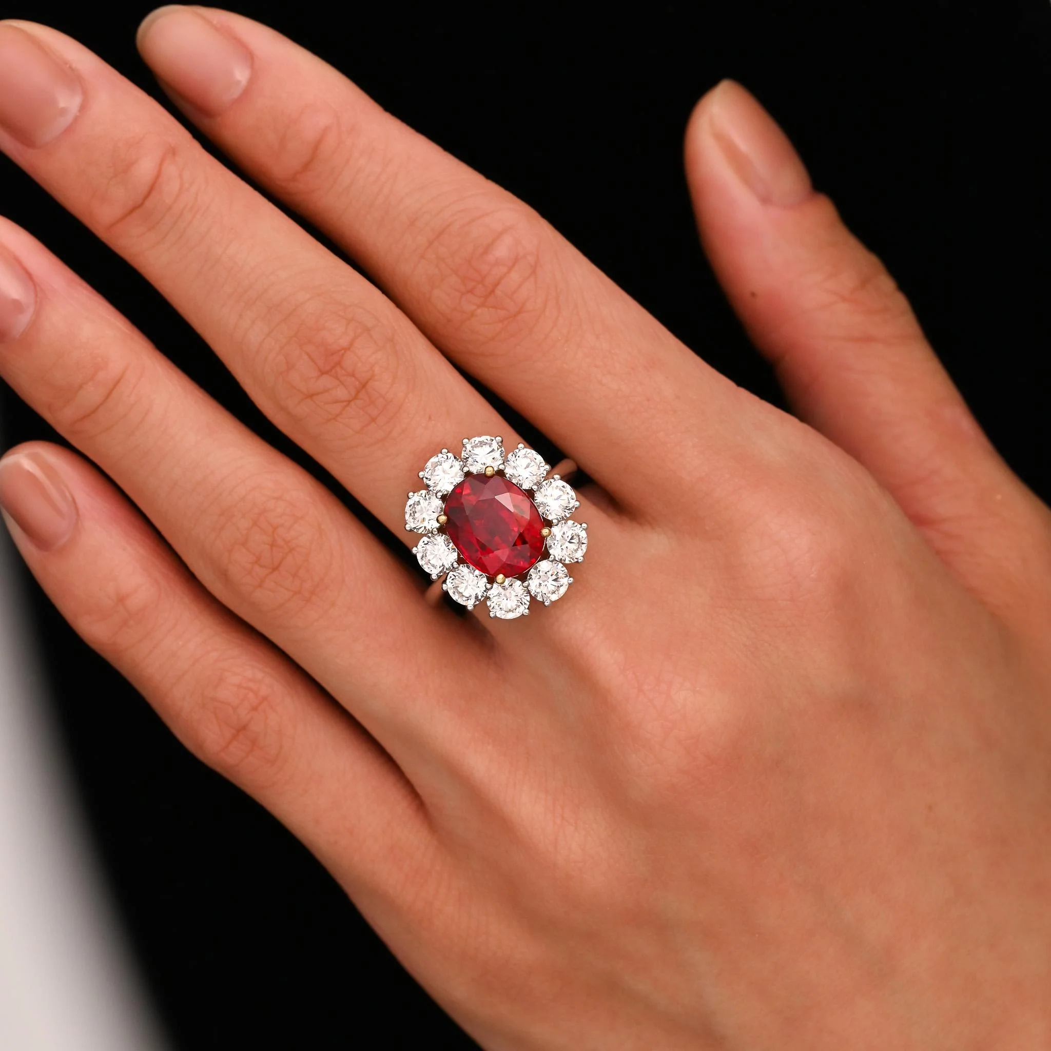 Rare Vivid Red 5.81 Carat Oval Cut Siam Ruby & Diamond Halo Ring - Image 8