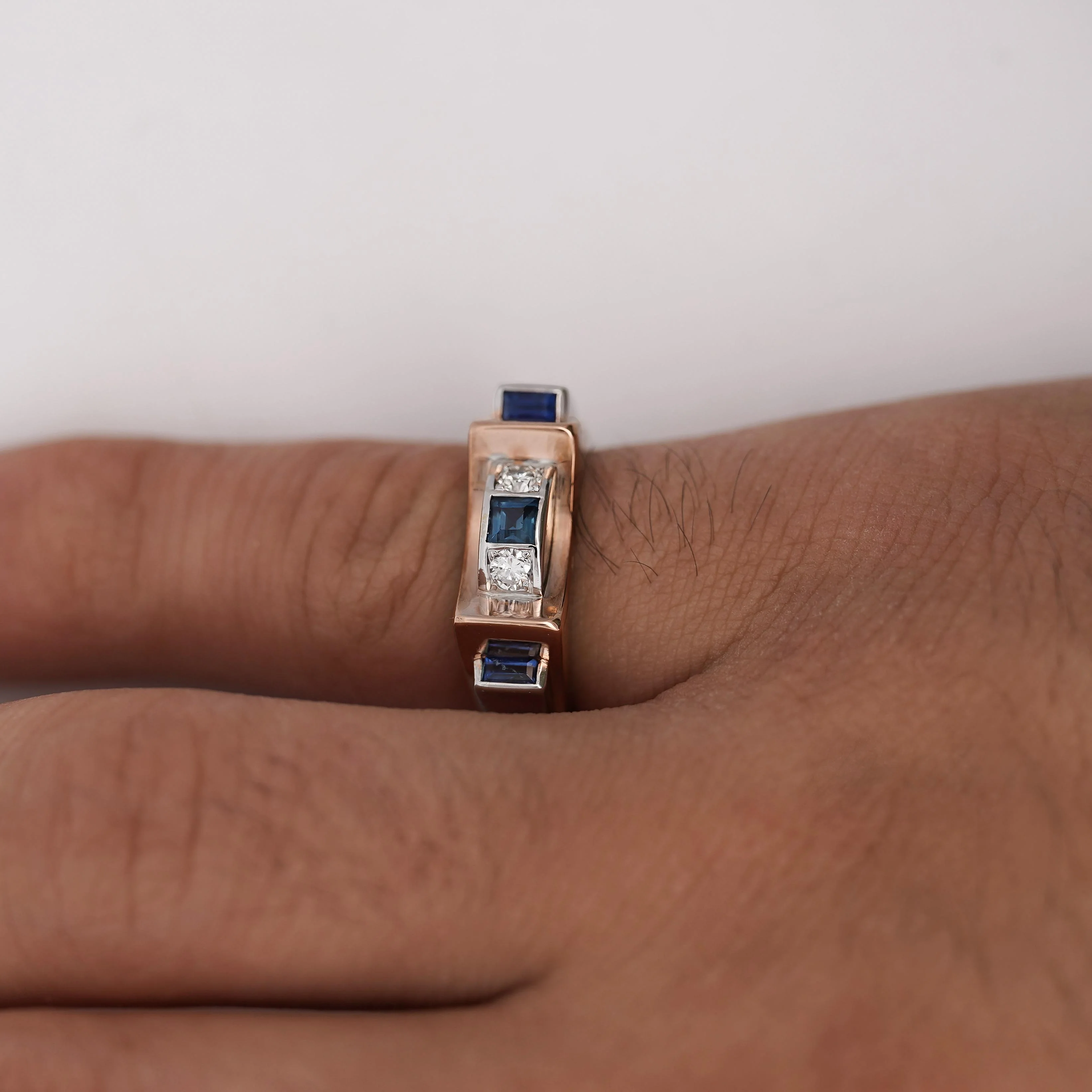 Retro Style Sapphire & Diamond Channel 14K Two Tone Unisex Band Ring - Image 10