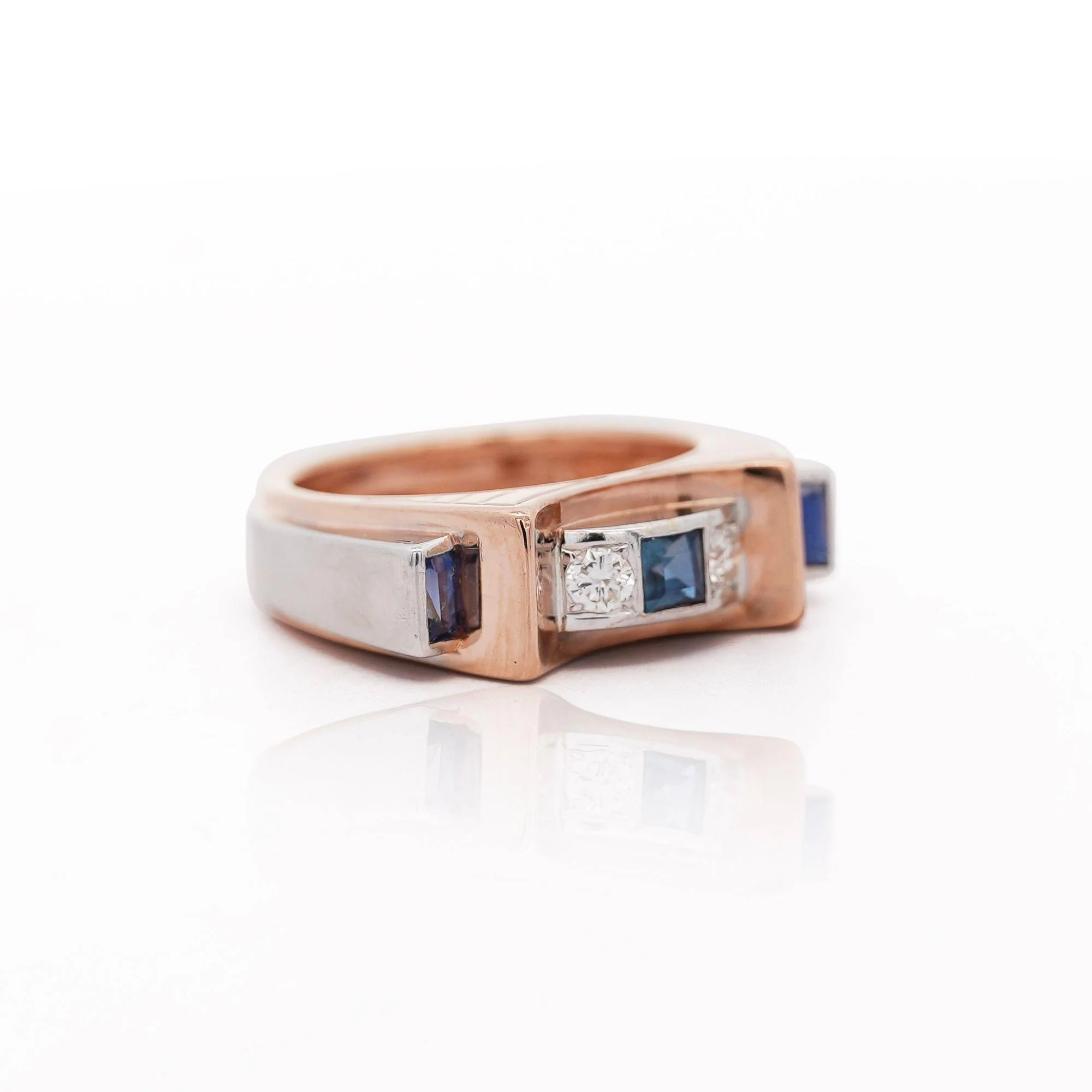 Retro Style Sapphire & Diamond Channel 14K Two Tone Unisex Band Ring - Image 2