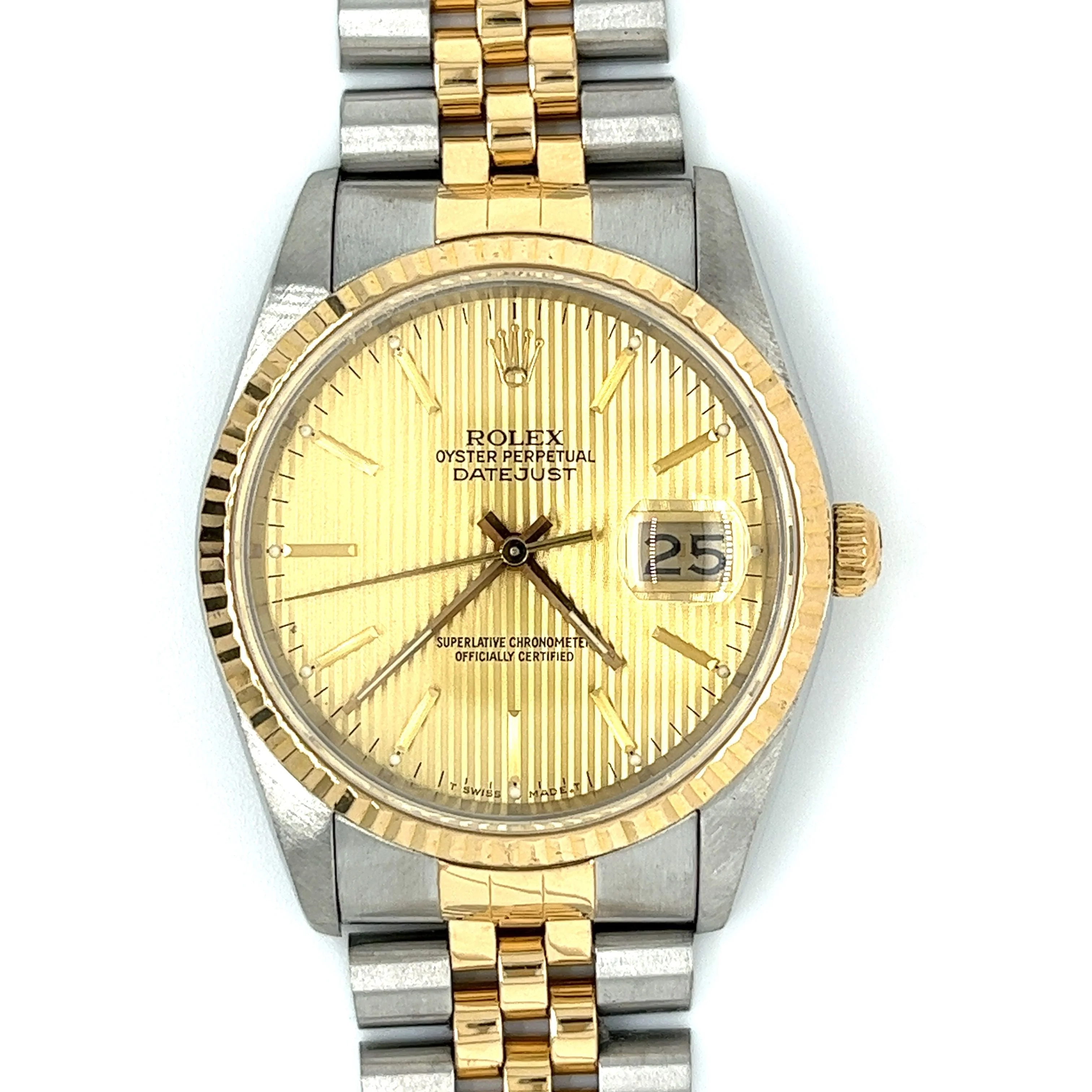 Rolex DateJust 36MM Champagne Tapestry Fluted Dial & Bezel in Two-Tone 18K And Stainless Steel With Jubilee Bracelet and Date and Rolex Box - Image 4