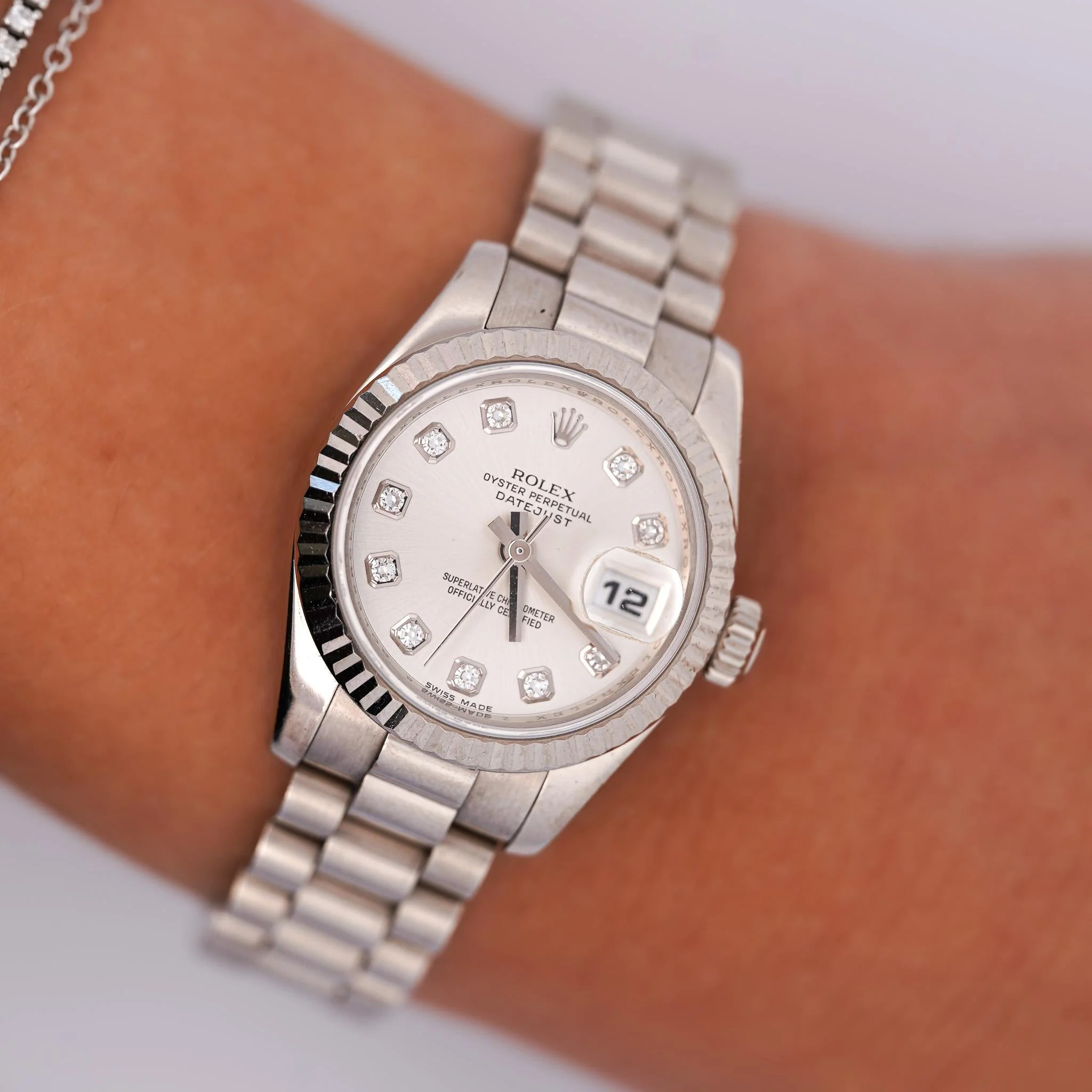 Rolex DateJust President Bracelet 26mm 18K White Gold Factory Diamond Dial - Image 8