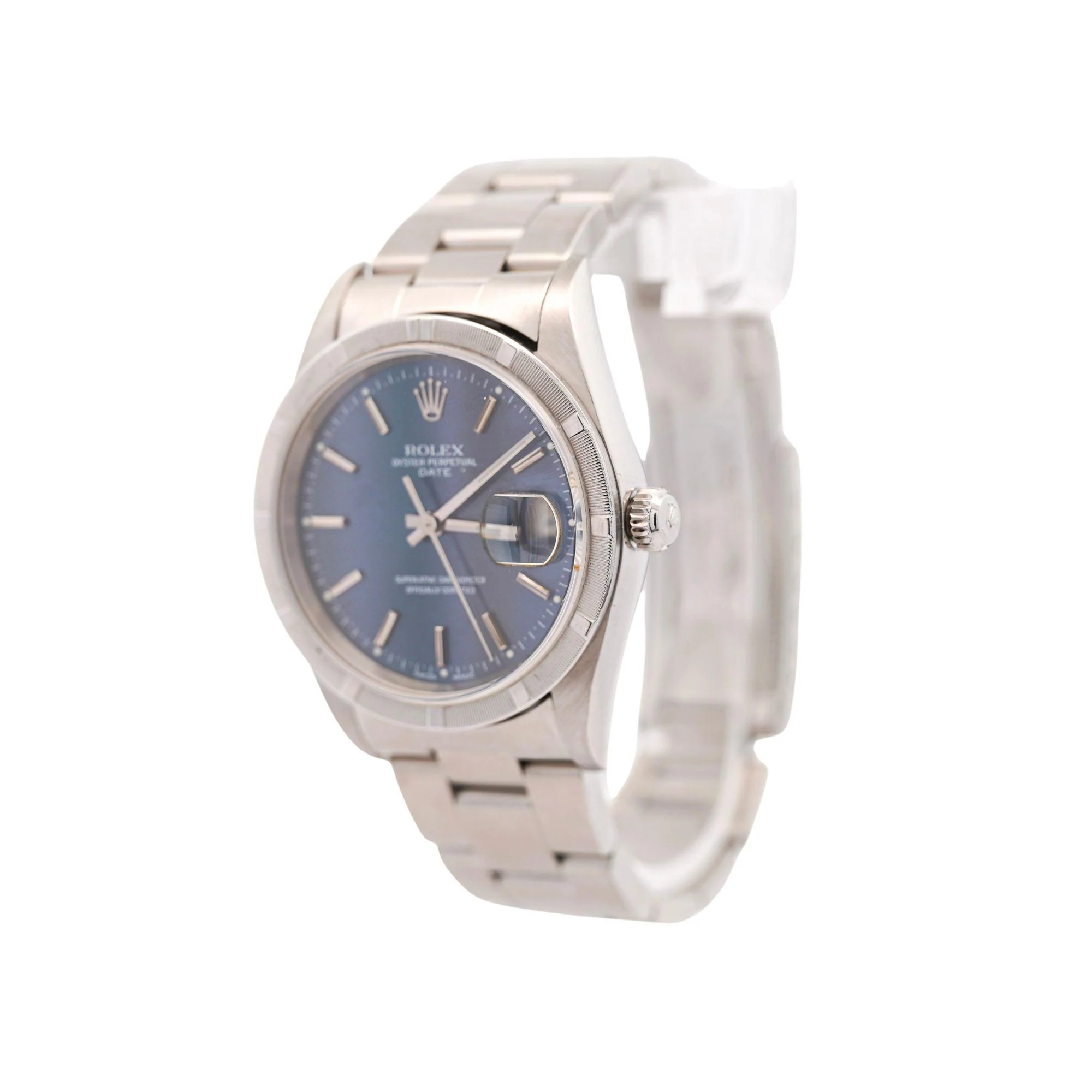 Rolex OP Date 15210 Steel Blue Dial Engine Turned Bezel Watch - Image 2