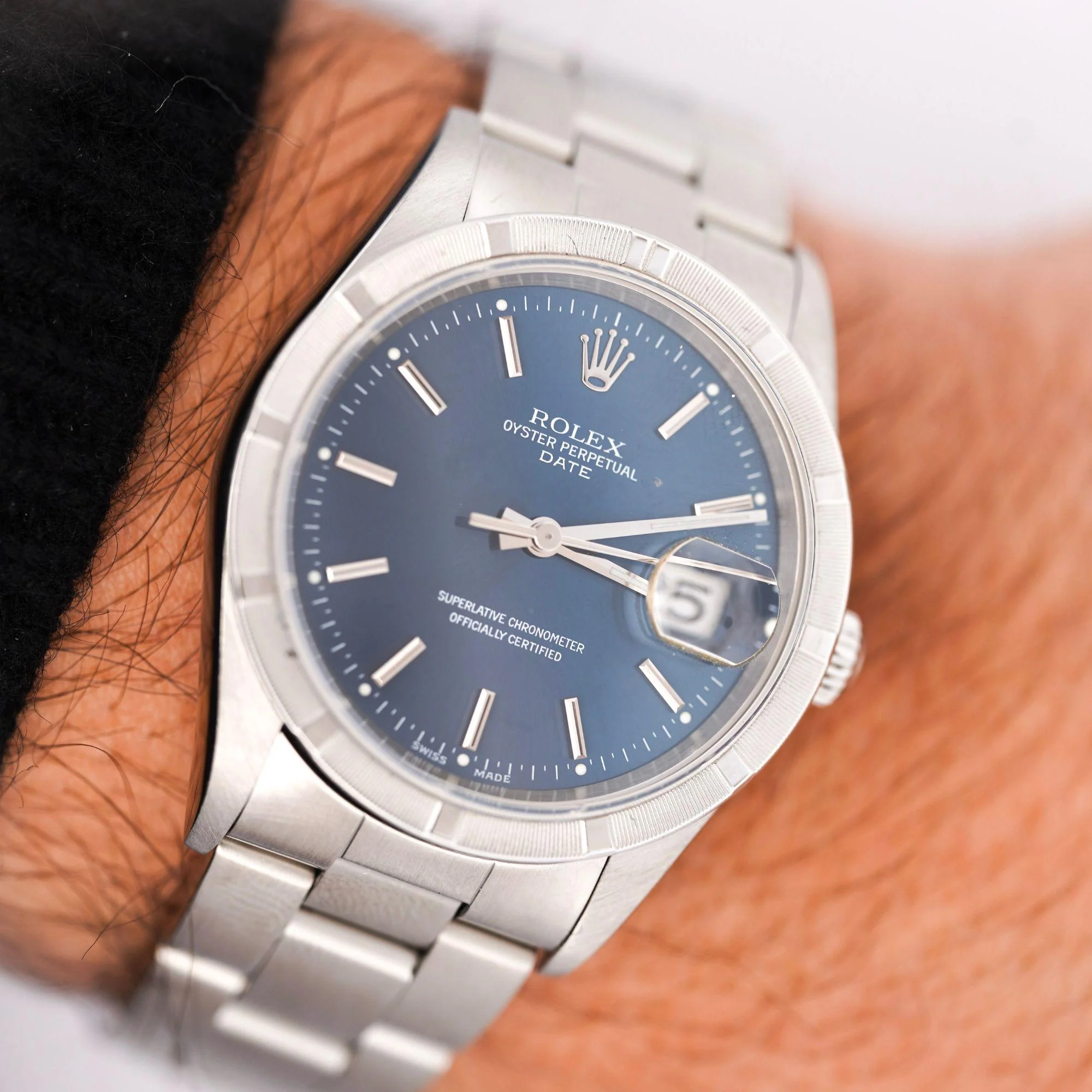 Rolex OP Date 15210 Steel Blue Dial Engine Turned Bezel Watch - Image 6