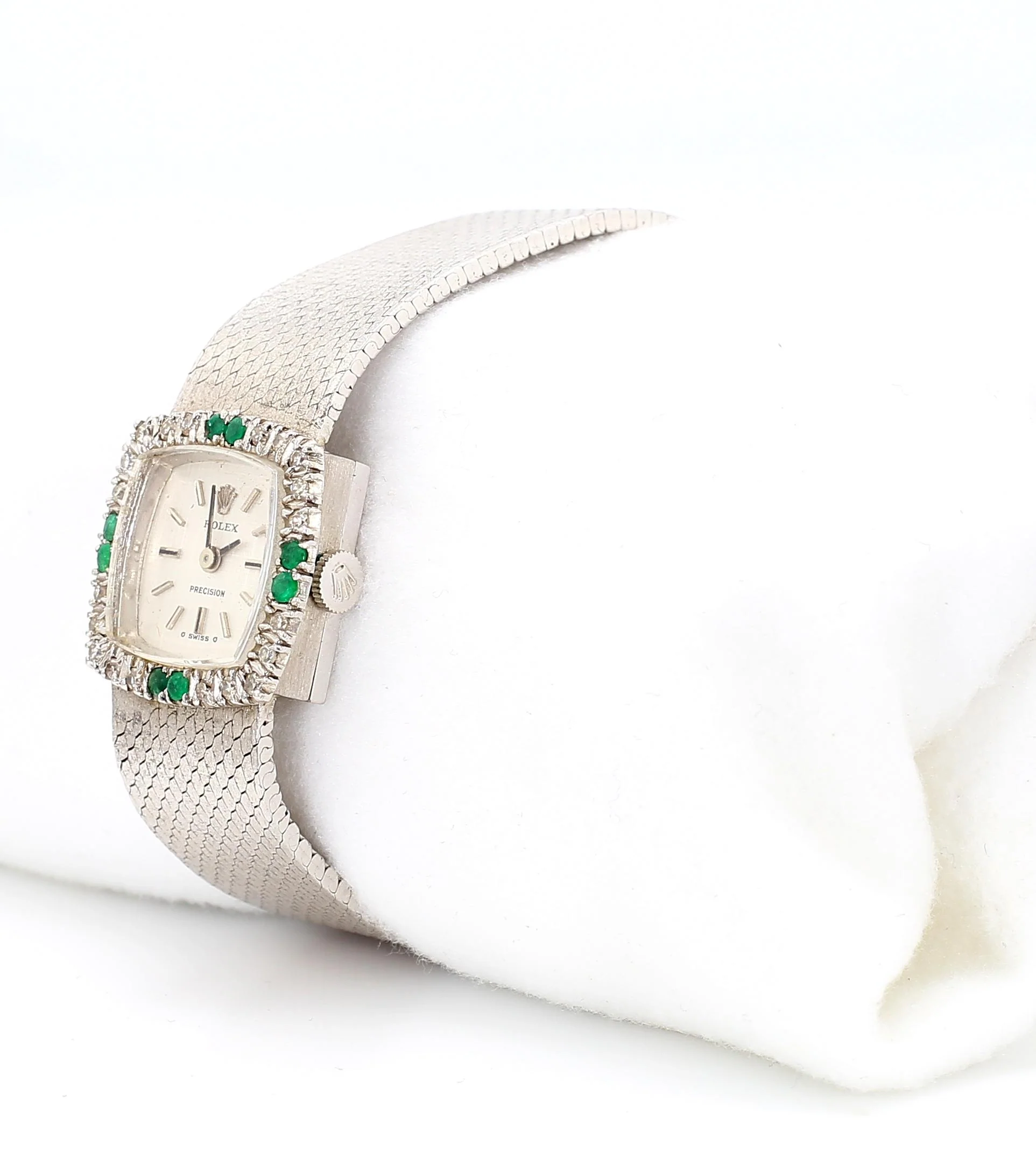 Rolex Precision Emerald & Diamond Bezel 18K White Gold Frosted Bracelet Watch - Image 6