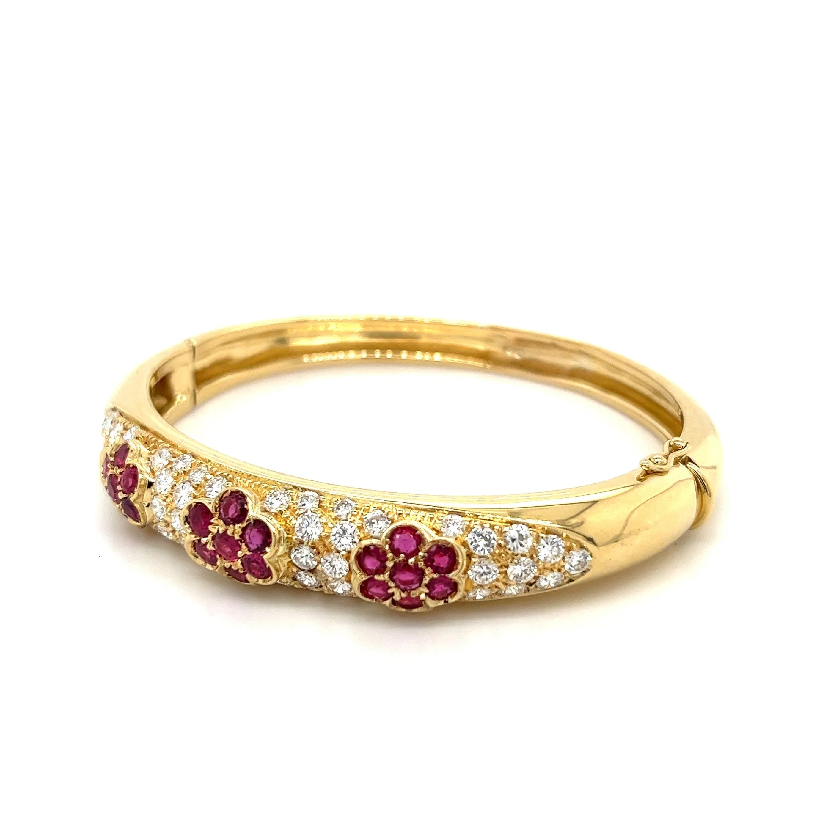 Ruby and Diamond Cluster Bangle Bracelet in 18K Yellow Gold - Image 2