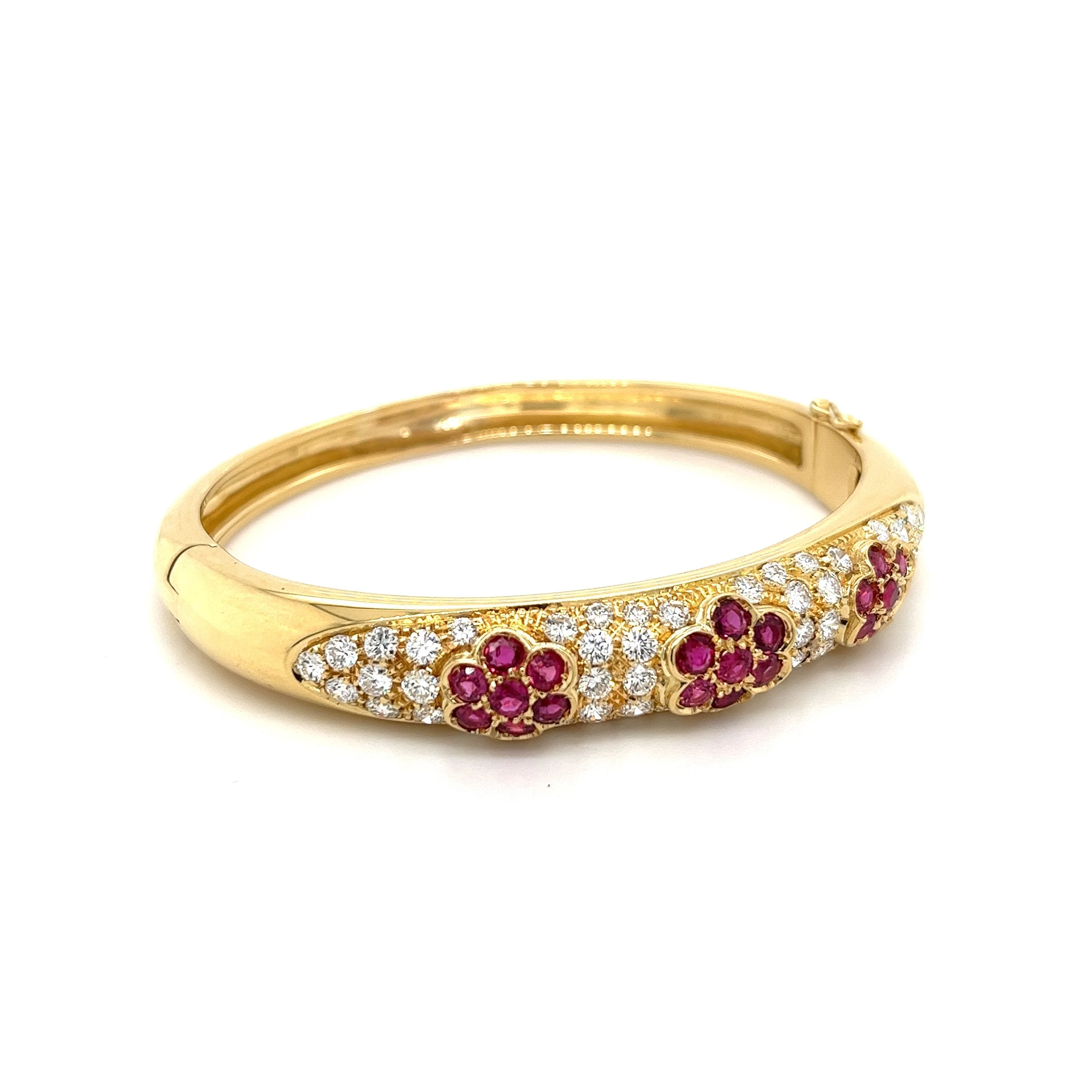 Ruby and Diamond Cluster Bangle Bracelet in 18K Yellow Gold - Image 3