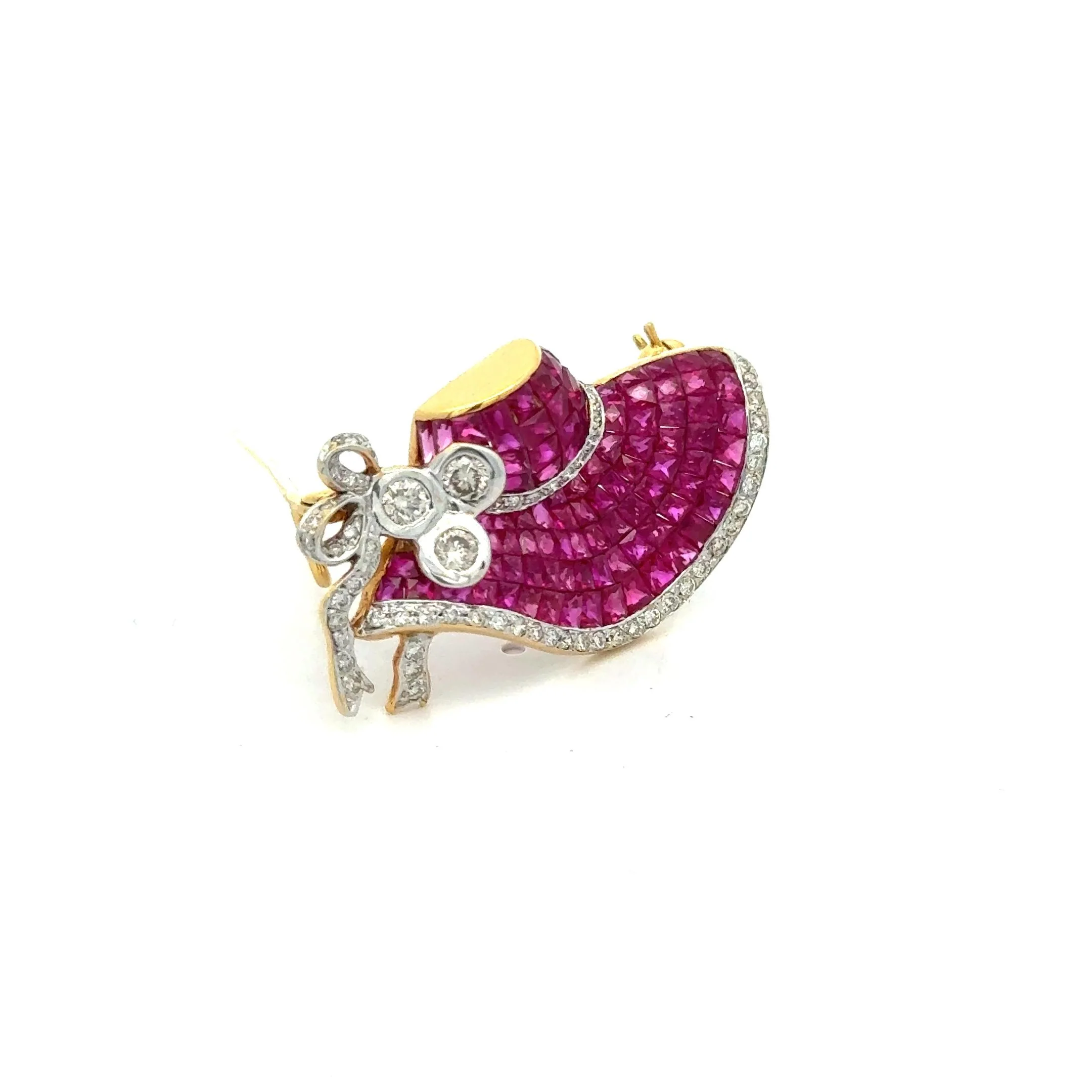 Ruby & Diamond Hat Motif 18K Yellow Gold Convertible Brooch Pin Pendant - Image 3
