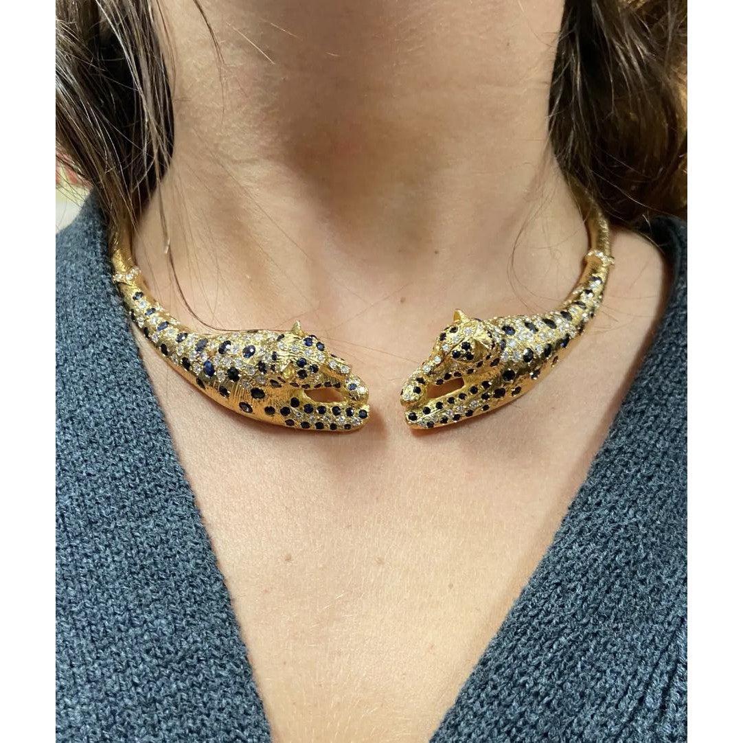 Sapphire and Diamond 18K Gold Leopard Motif Choker Necklace - Image 8