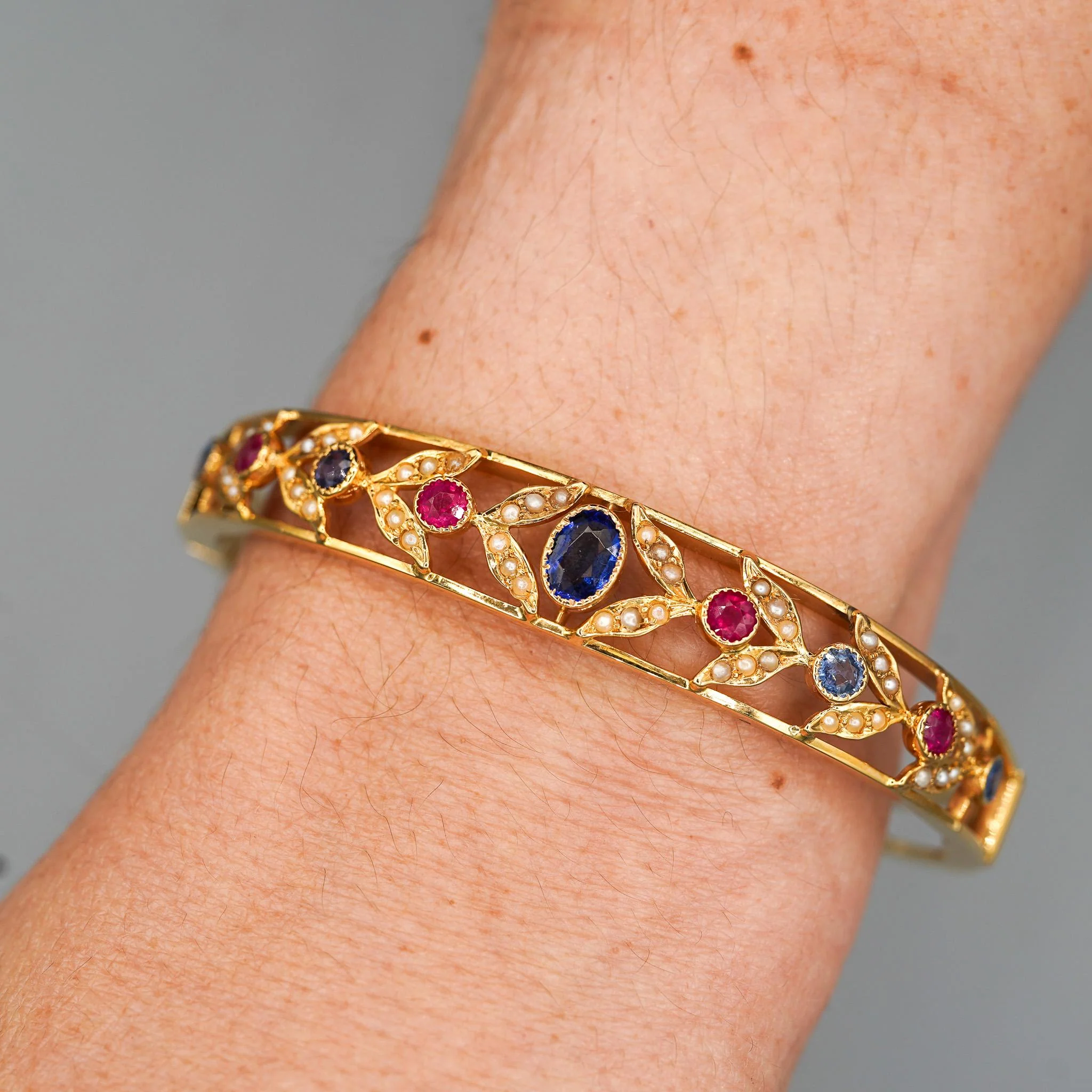 Sapphire, Ruby, & Seed Pearl 14K Gold Openwork Bangle Bracelet - Image 2