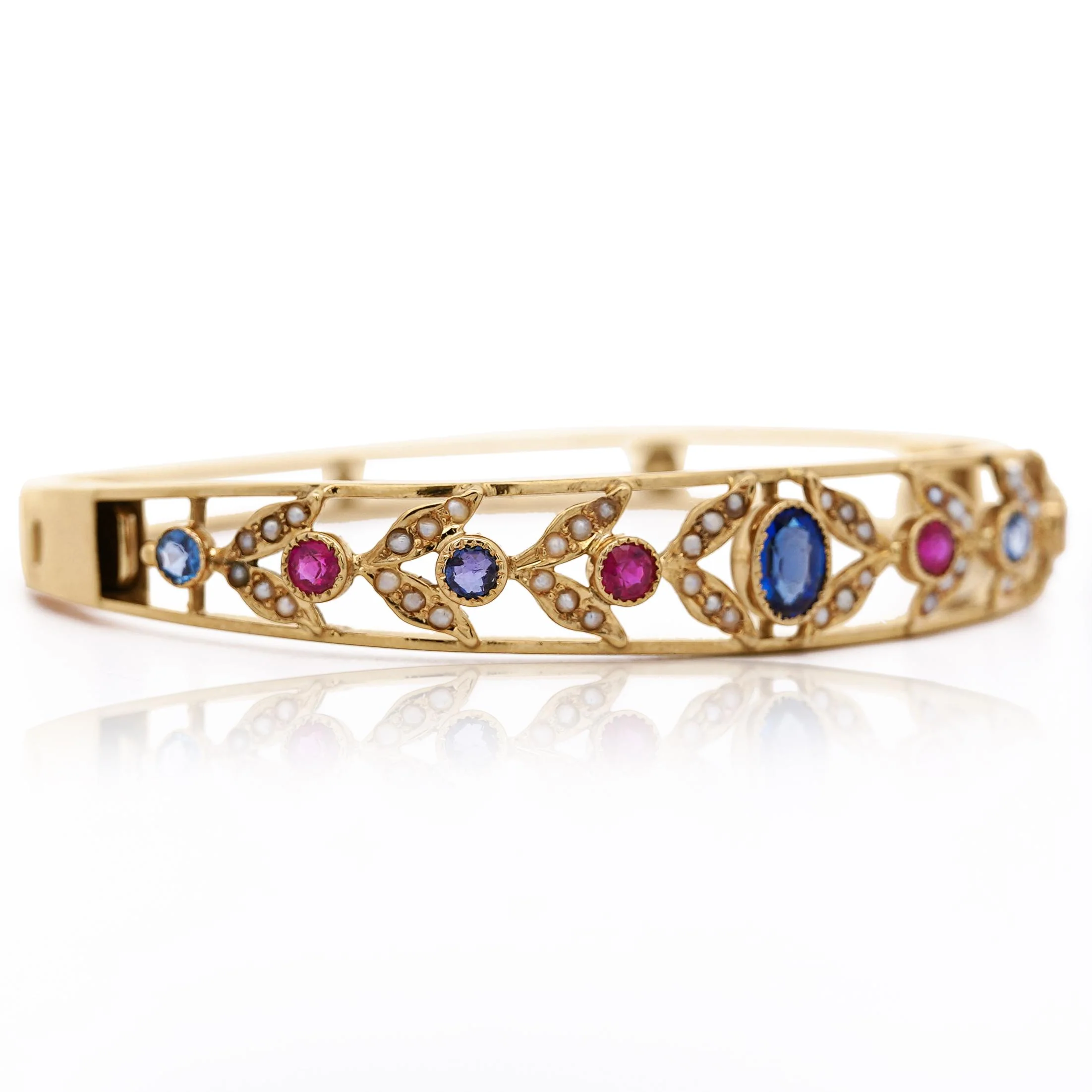Sapphire, Ruby, & Seed Pearl 14K Gold Openwork Bangle Bracelet - Image 3