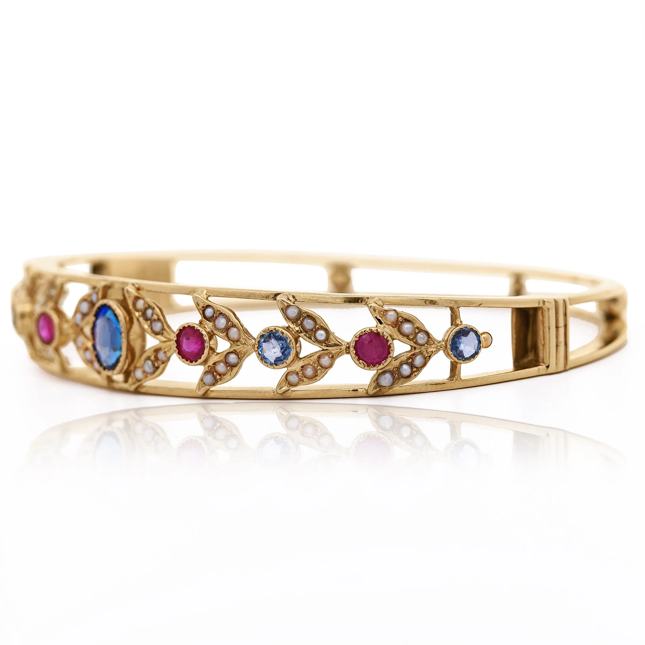 Sapphire, Ruby, & Seed Pearl 14K Gold Openwork Bangle Bracelet - Image 4