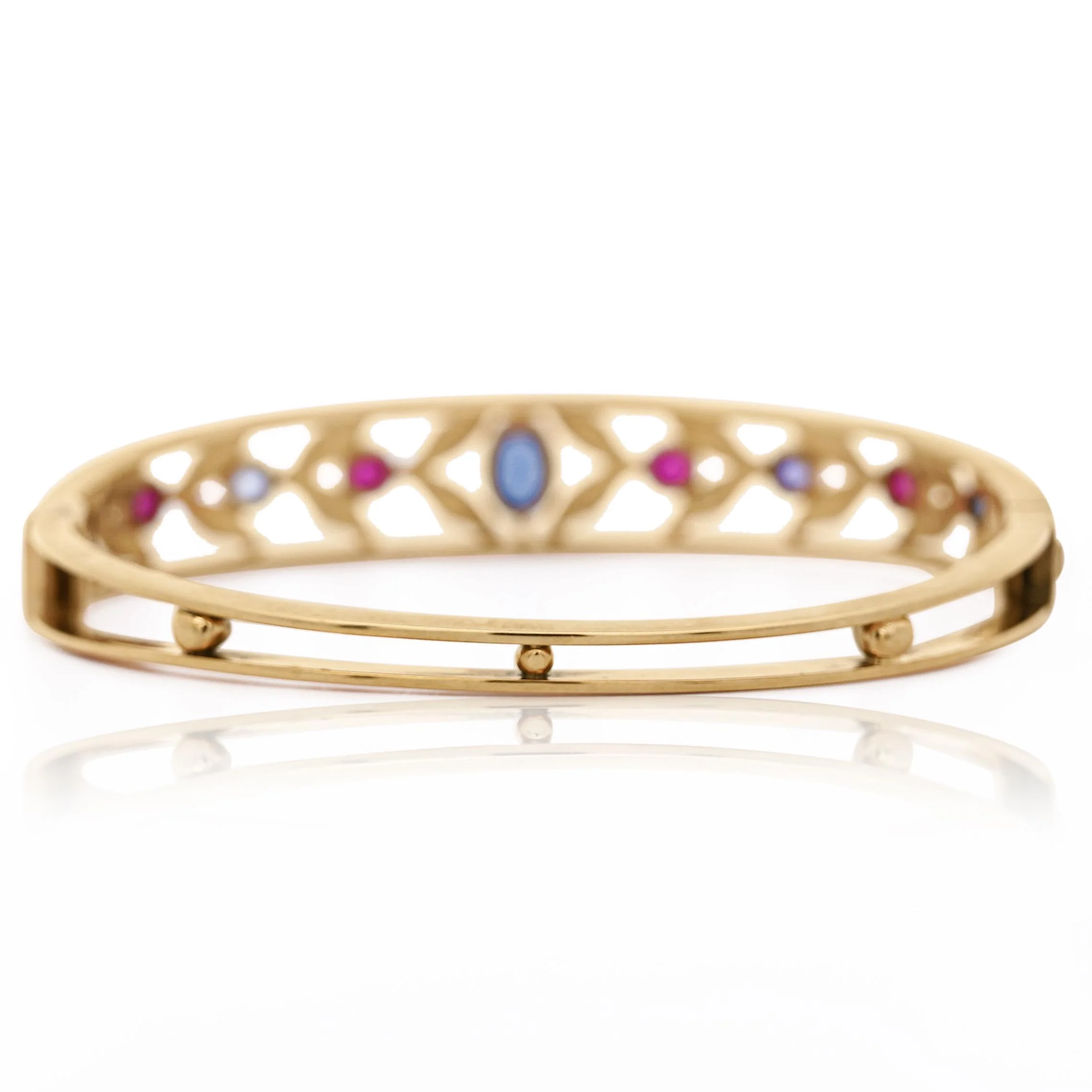 Sapphire, Ruby, & Seed Pearl 14K Gold Openwork Bangle Bracelet - Image 5