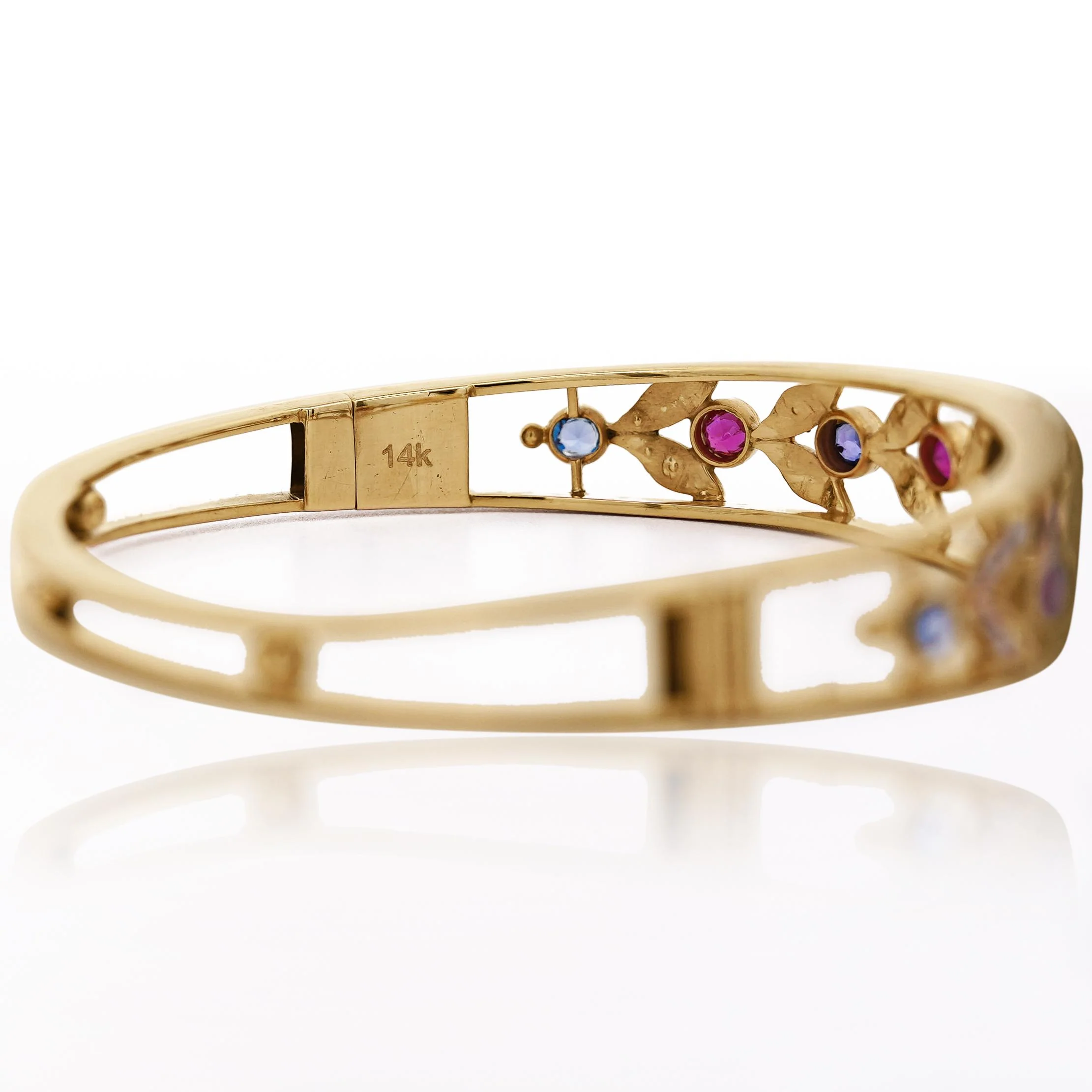 Sapphire, Ruby, & Seed Pearl 14K Gold Openwork Bangle Bracelet - Image 6